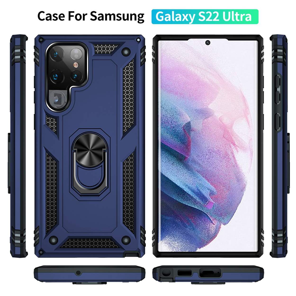 Blauwe telefoonhoes voor Samsung Galaxy S22 Ultra. Meerdere weergaven.