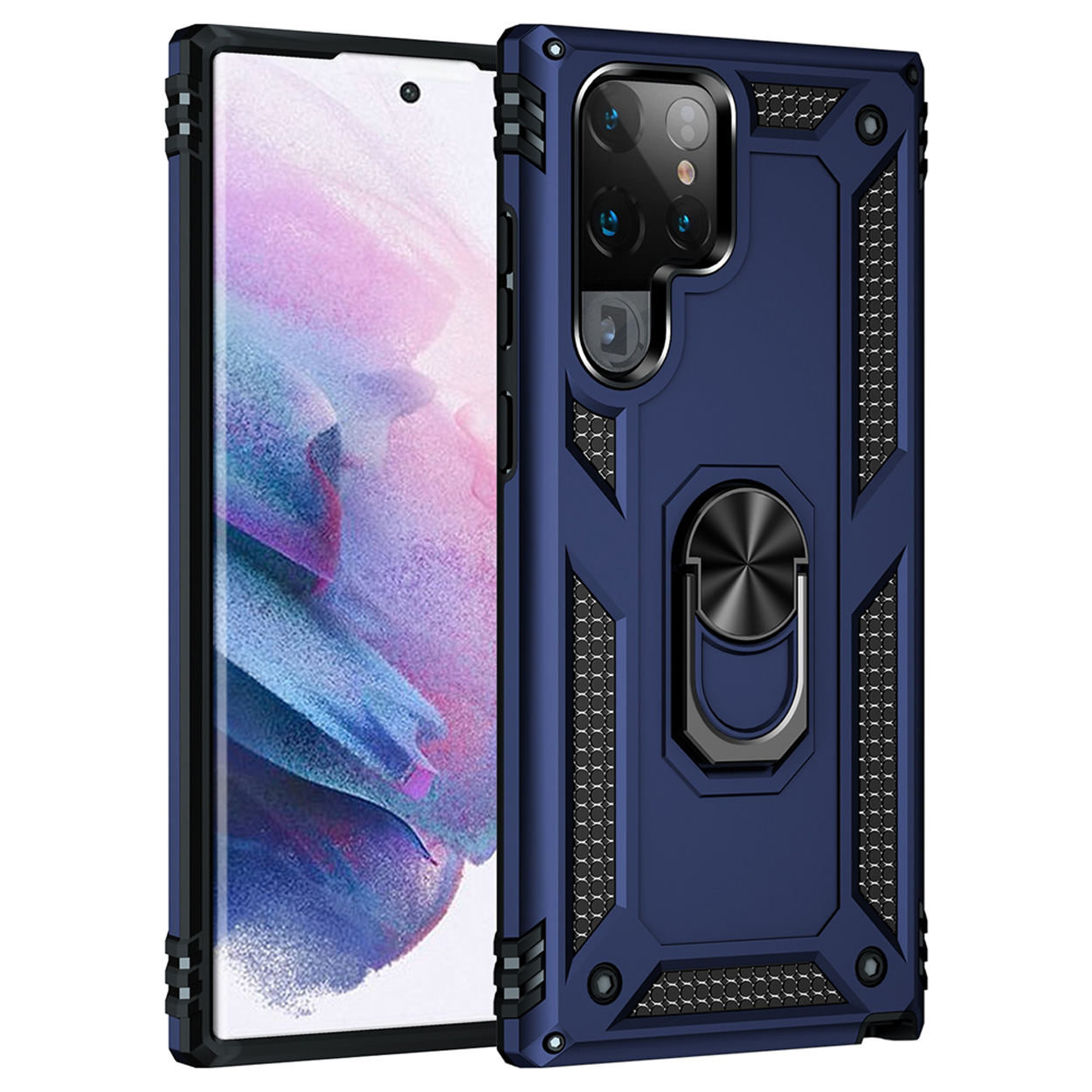 Een blauwe telefoonhoes met een ringhouder, geplaatst op een witte achtergrond. De hoes beschermt een telefoon.
