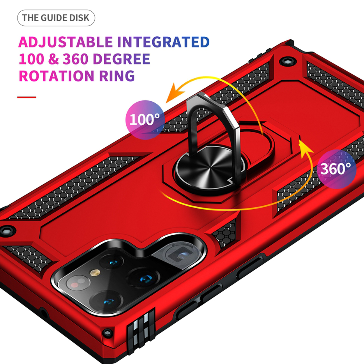 Telefoonhoesje: rood, met een ringhouder. Tekst: 'Adjustable Integrated 100 & 360 degree'.