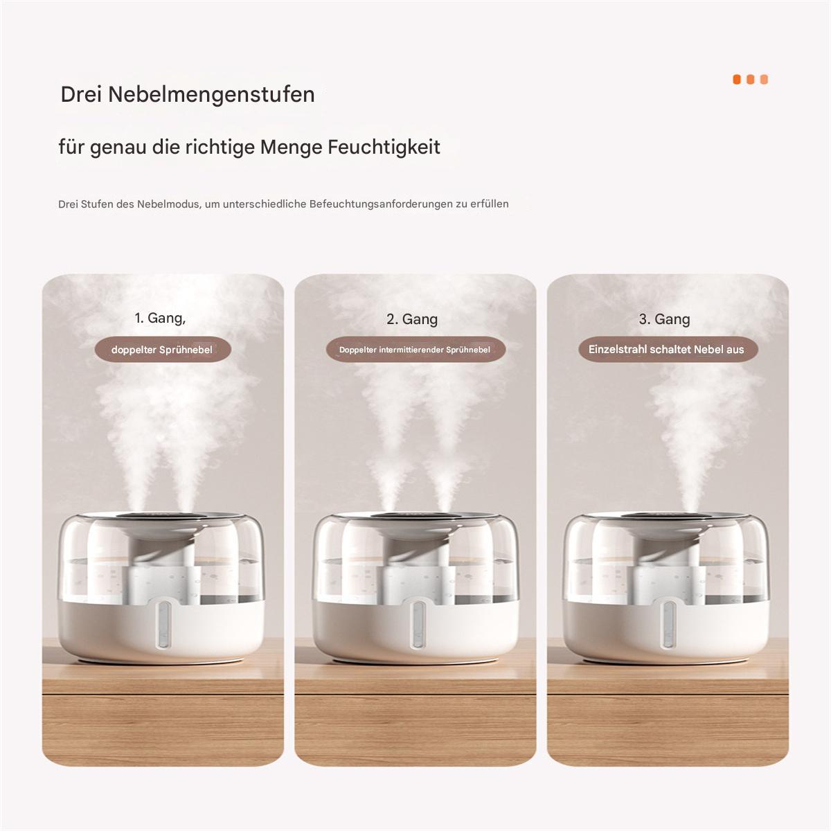 Drei Bilder, die einen Luftbefeuchter mit verschiedenen Nebel-Einstellungen zeigen. Jedes Bild zeigt die Dampfabgabe.