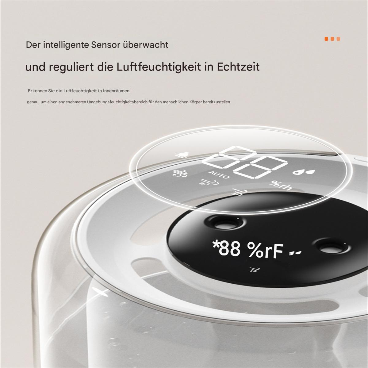 Nahaufnahme eines Luftbefeuchters mit digitaler Anzeige, die den Feuchtigkeitsgehalt anzeigt, klares Glas.