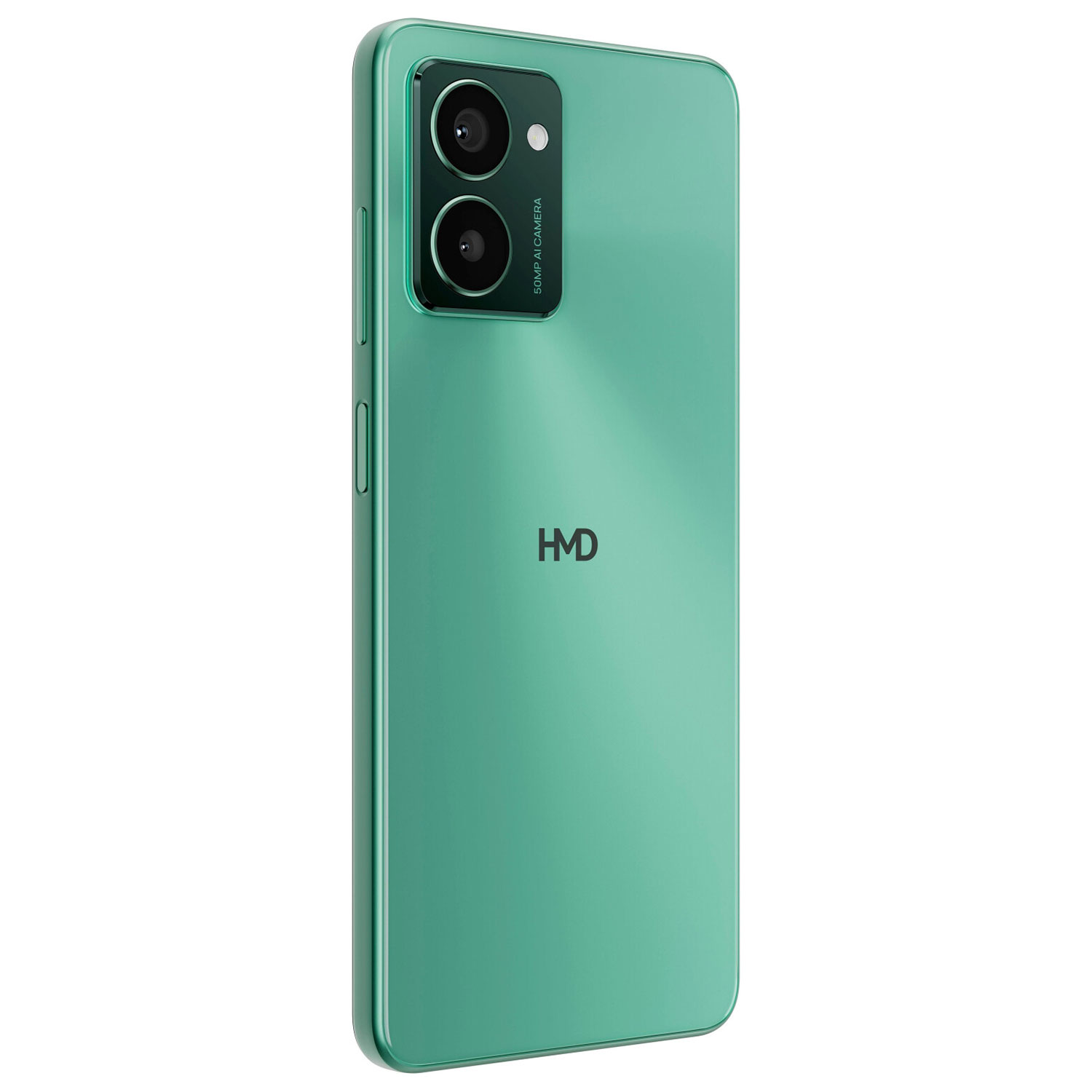 Grünes Smartphone mit zwei Kameralinsen.
