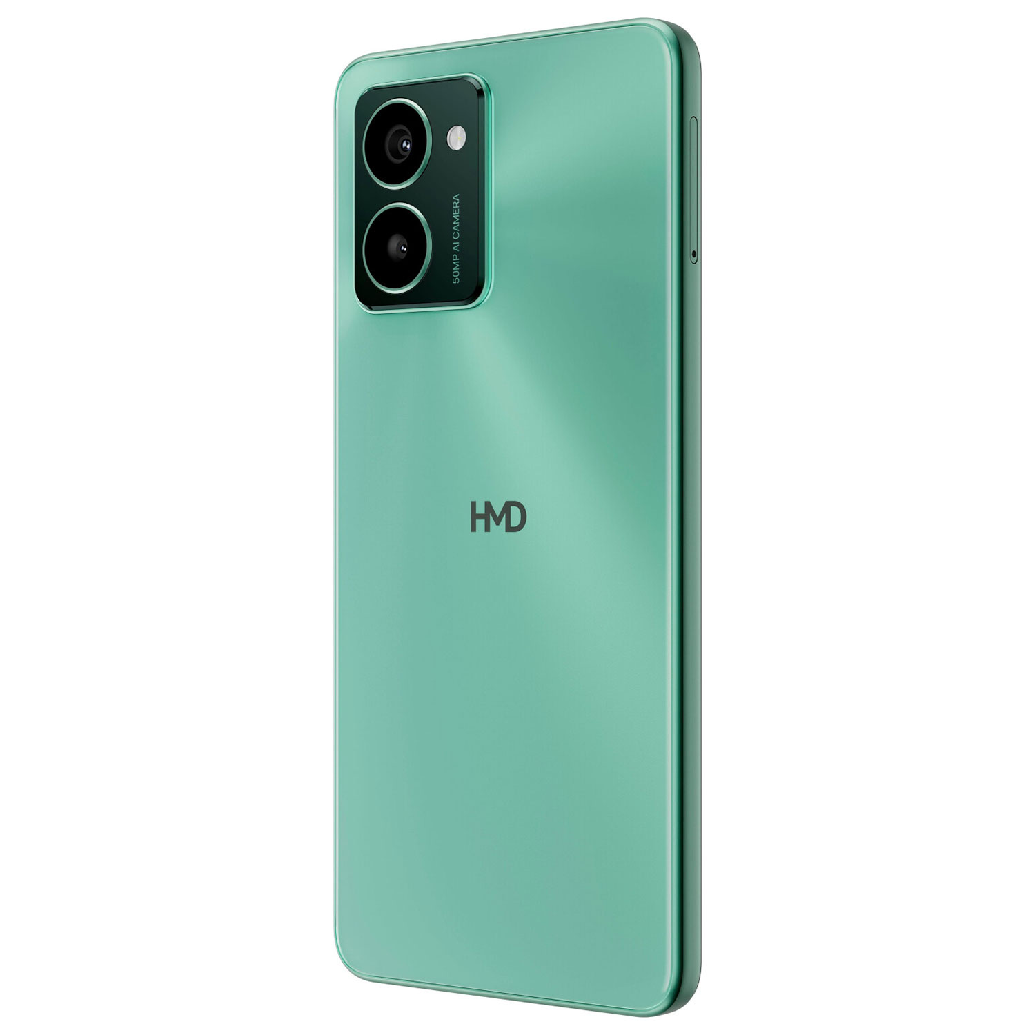 Ein mintgrünes Telefon mit Kamera und HMD-Logo auf der Rückseite.