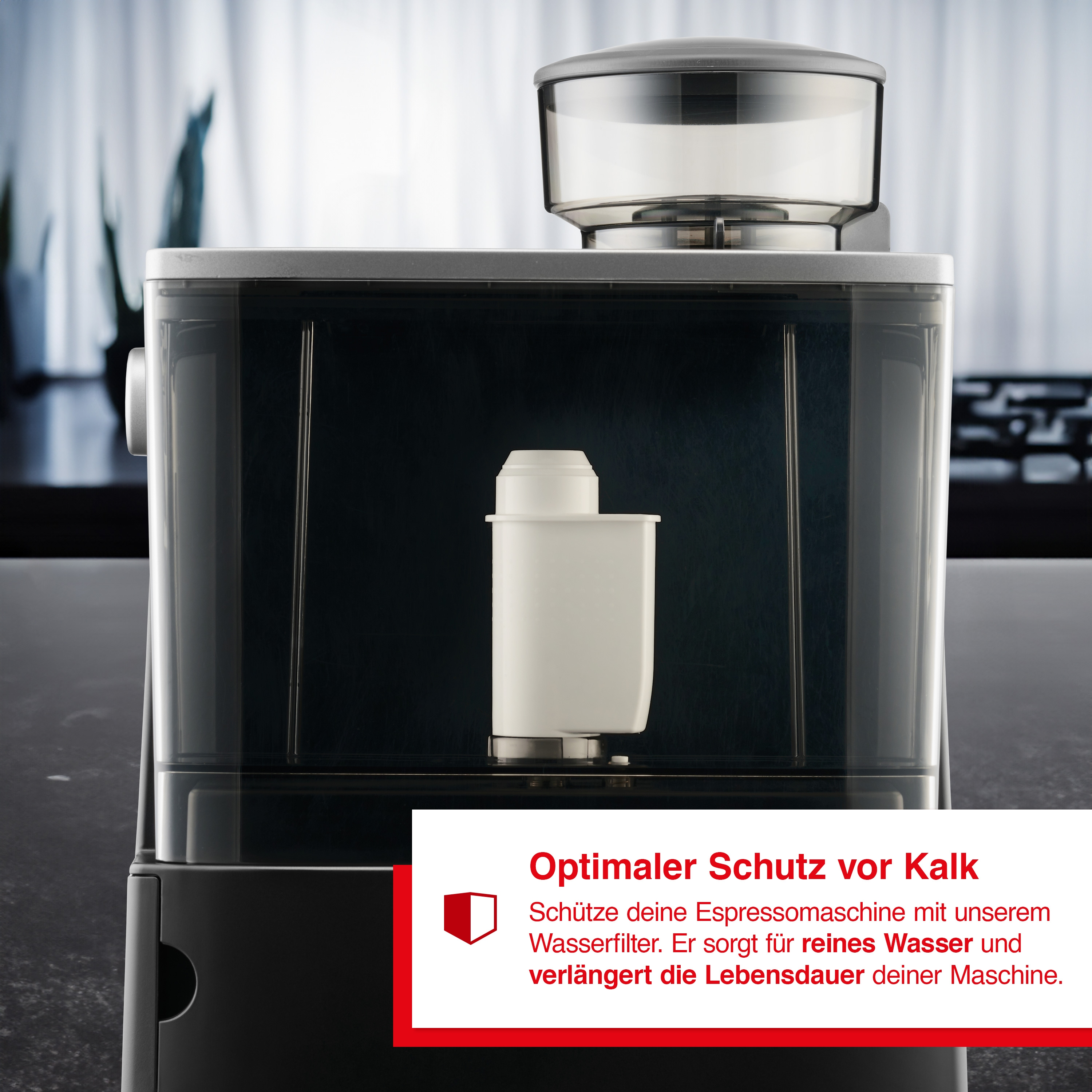 Ein Wasserfilter für eine Espressomaschine mit einem Textfeld über optimalen Schutz.