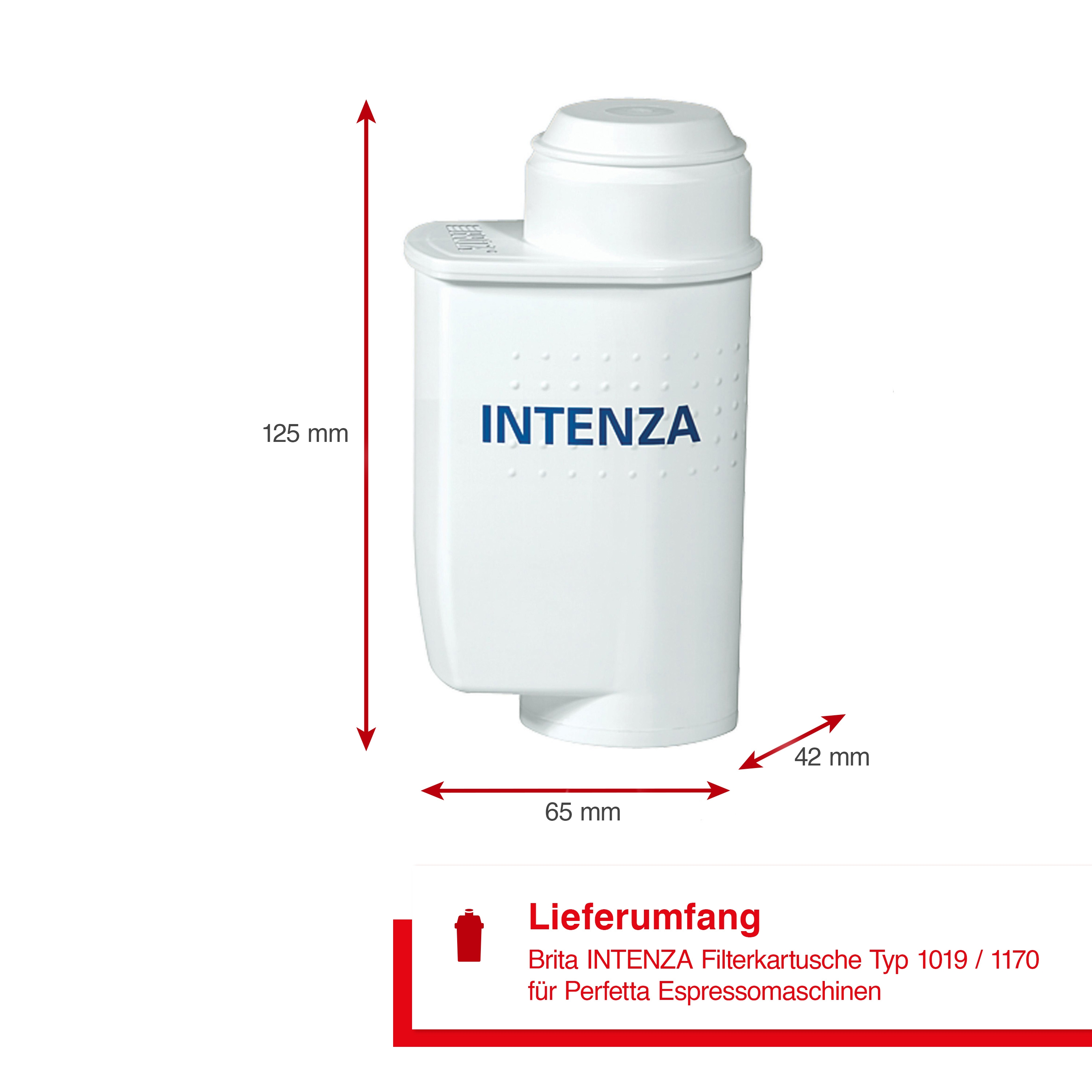 Weiße, zylindrische Intenza Wasserfilterkartusche mit Abmessungen.