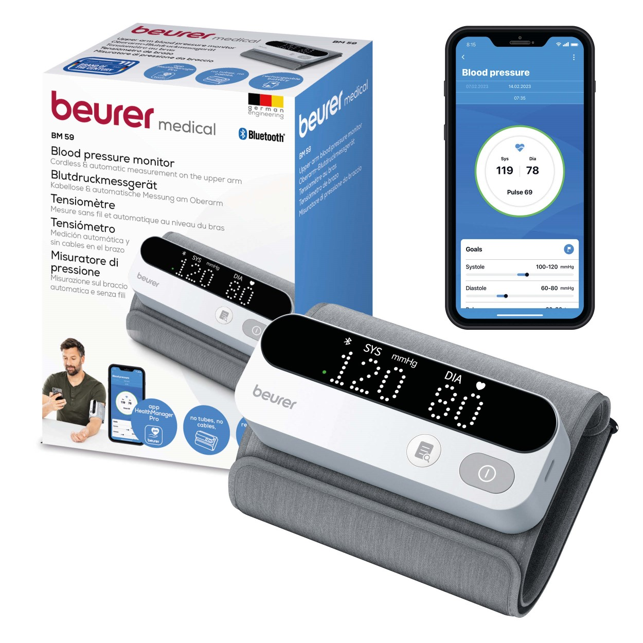 Beurer Oberarm-Blutdruckmessgerät mit App-Anzeige, weiß und grau.