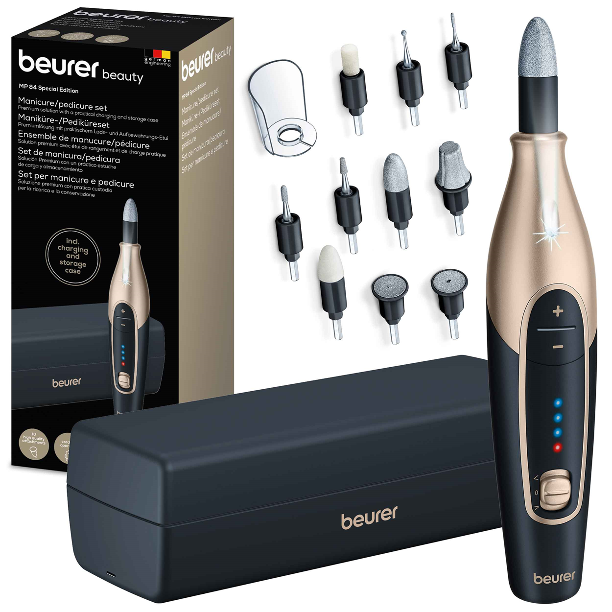 Set manicure: lima per unghie elettrica, custodia nera e vari accessori su sfondo bianco.
