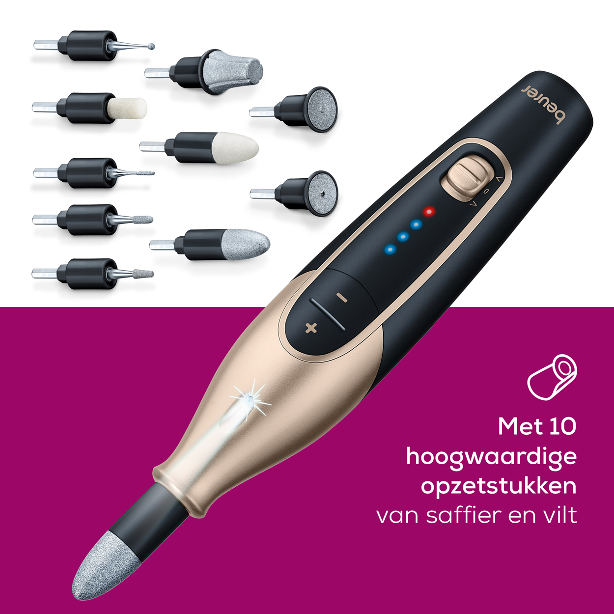 Kit per la cura delle unghie con dispositivo rotante dorato e accessori, su superficie rosa. Testo in olandese.