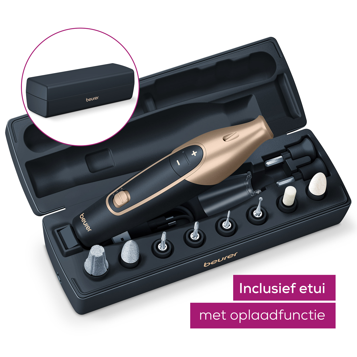 Kit per la cura delle unghie nero e oro con accessori in custodia nera. Include la funzione di ricarica.