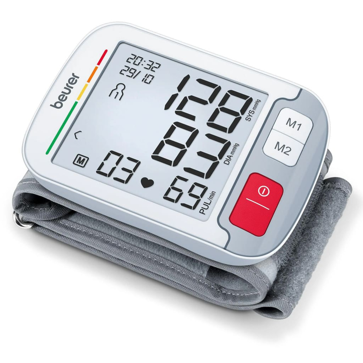Digitale bloeddrukmeter met aflezingen op het scherm en een grijze manchet, op een witte achtergrond.