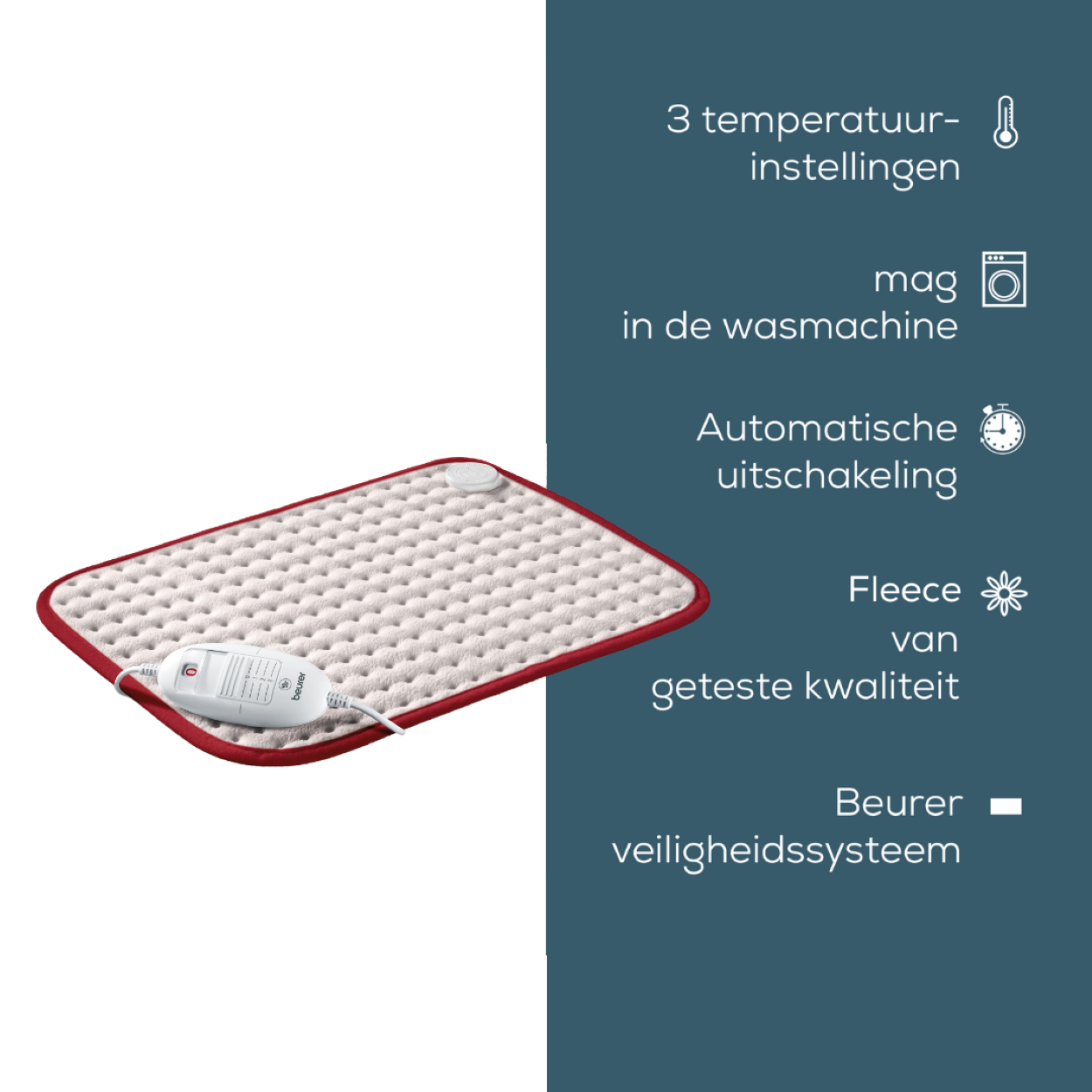 Cuscino riscaldante bianco con finiture rosse e pannello di controllo, con testo e icone su sfondo bianco.