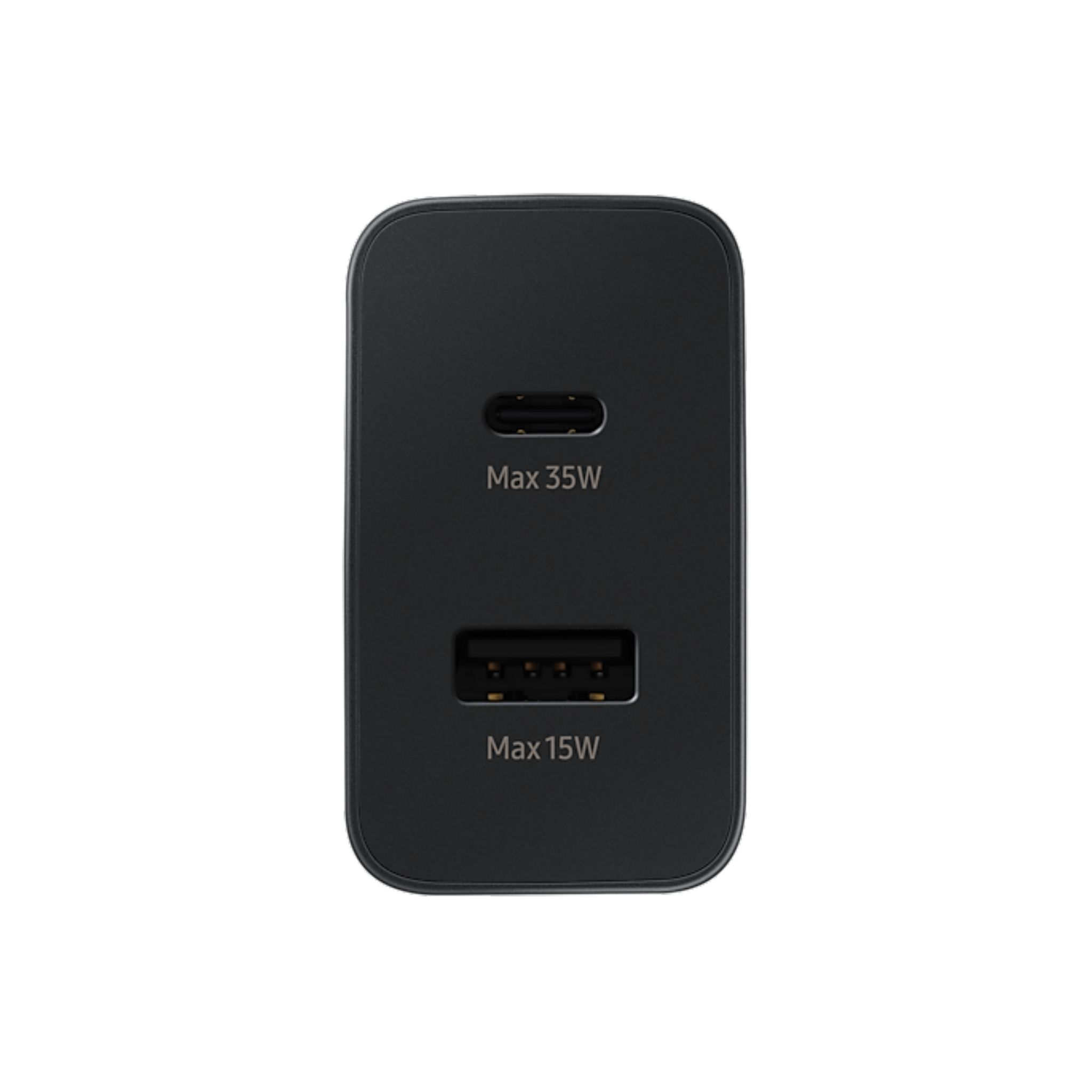 Schwarzes Ladegerät mit zwei Anschlüssen. Der obere Anschluss hat Max 35W, der untere Max 15W.