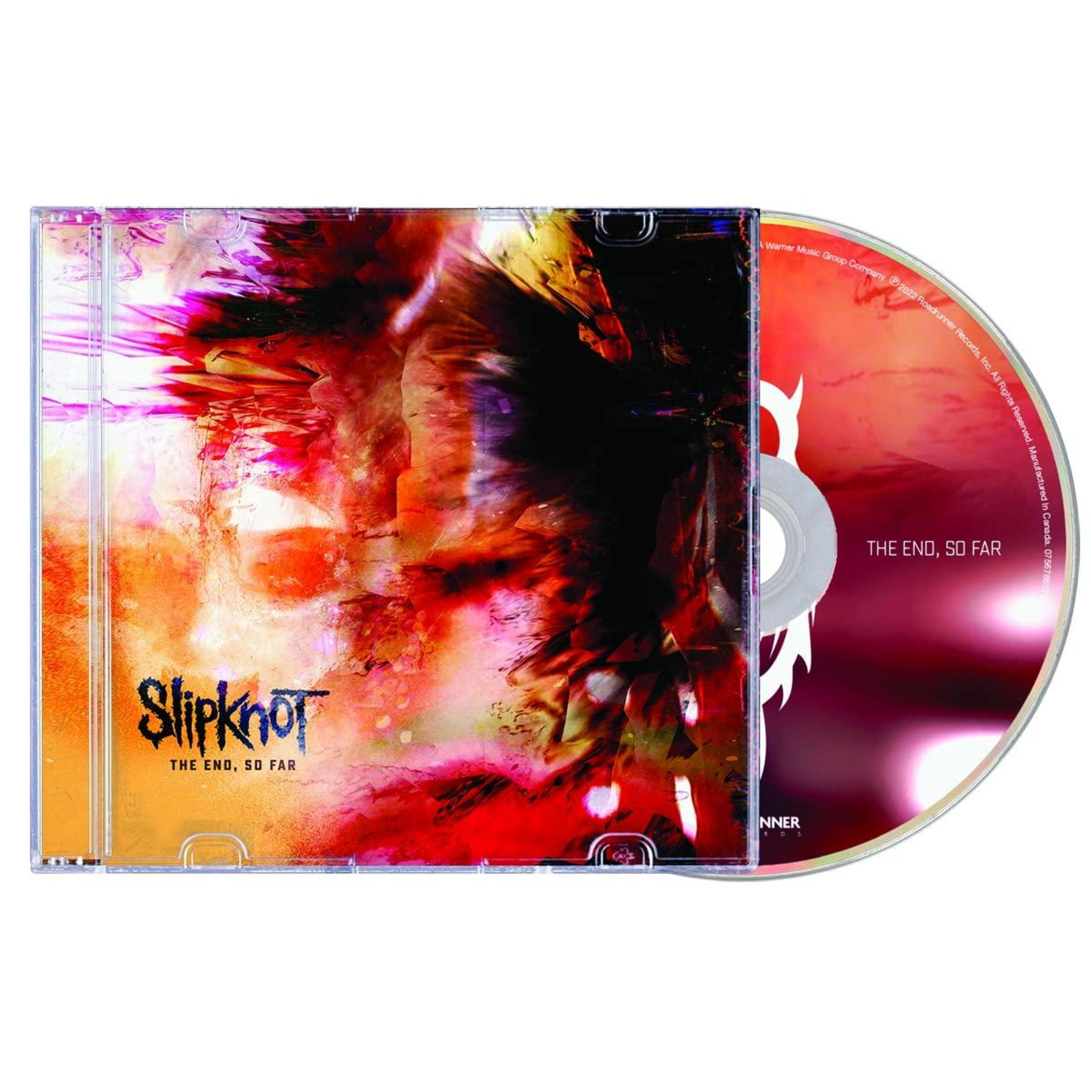 Custodia CD: Copertina dell'album Slipknot con immagine danneggiata, infuocata e colorata, disco visibile.