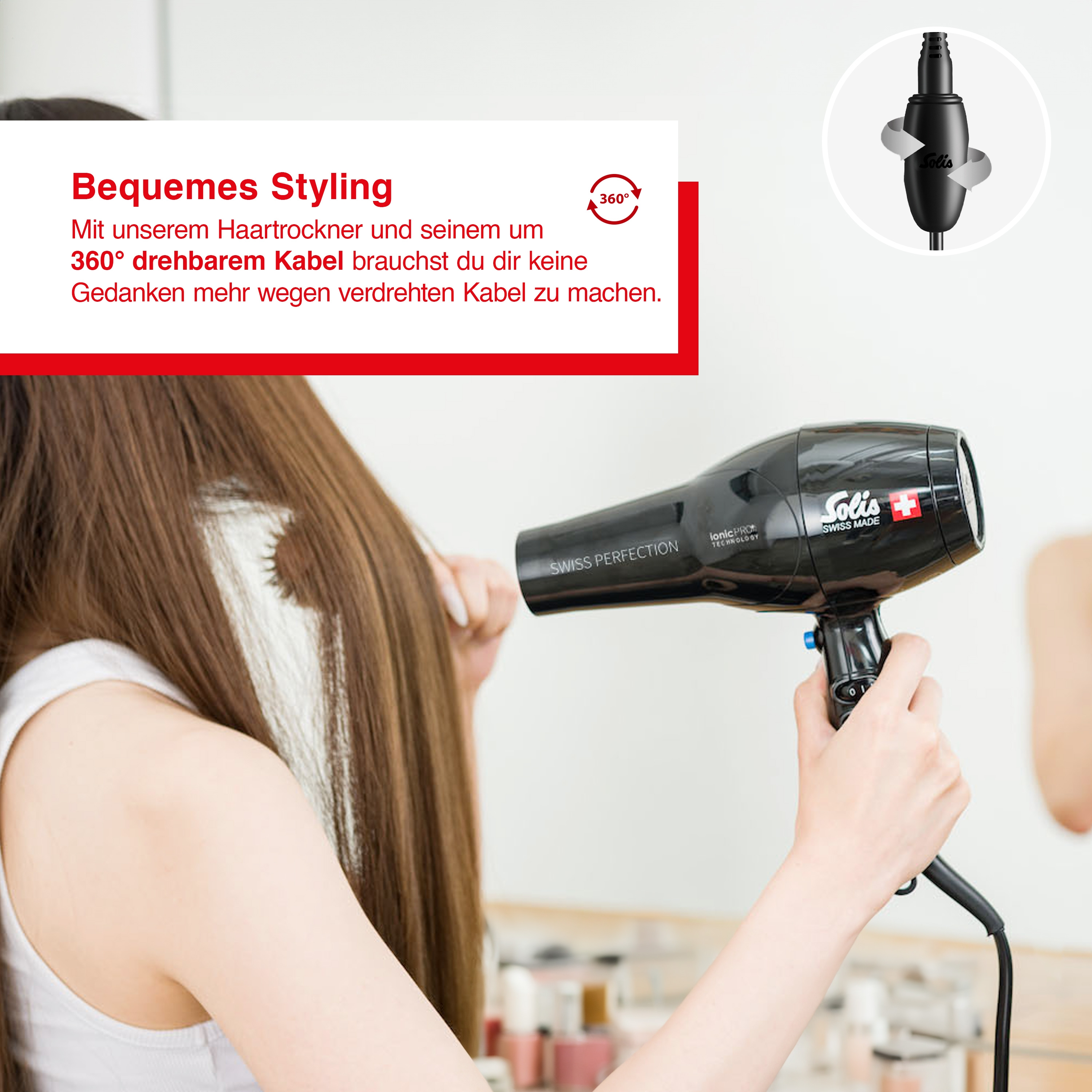 Frau trocknet Haare mit einem schwarzen Fön. Text zum Styling befindet sich auf der linken Seite.