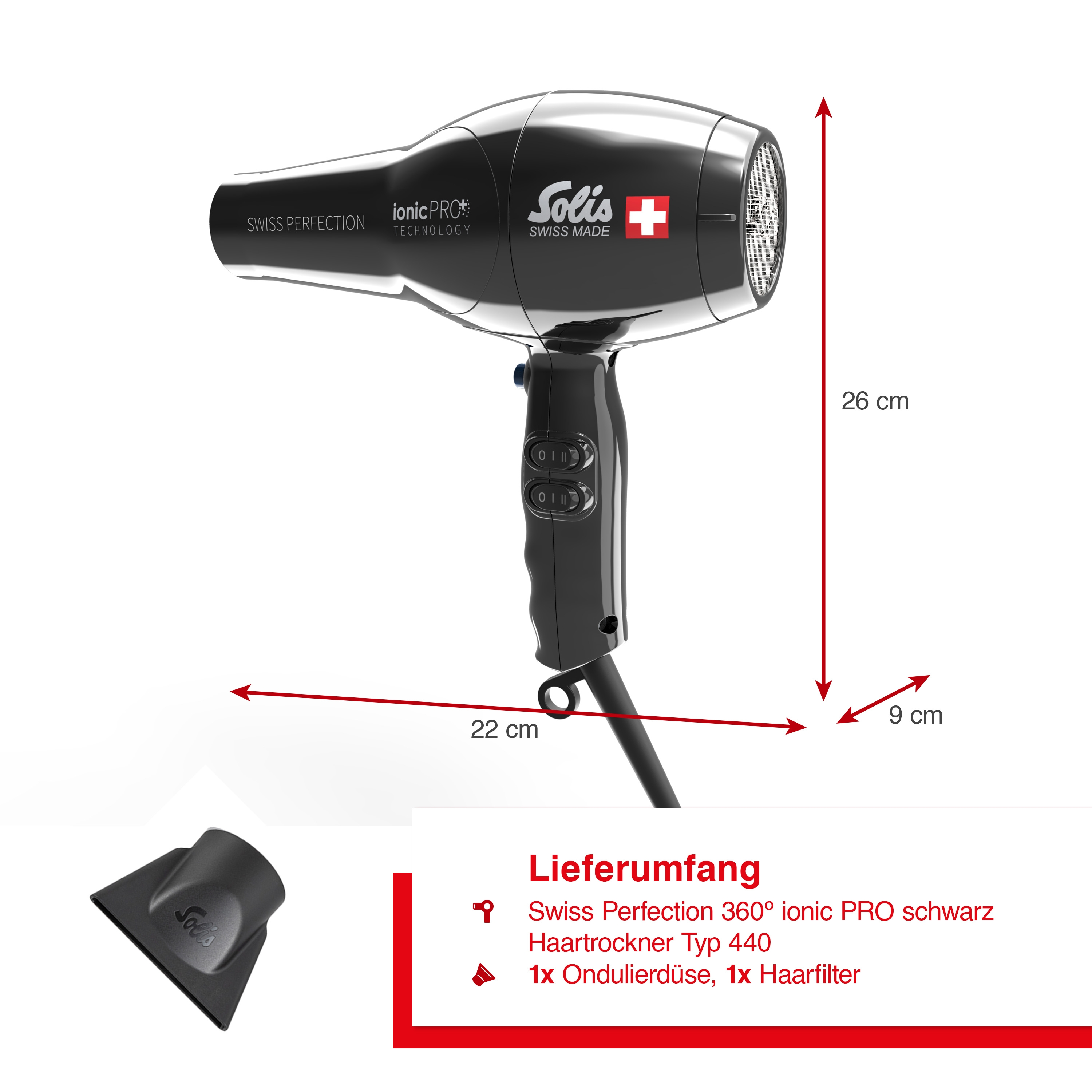 Schwarzer Haartrockner mit Maßen und Details auf Deutsch, schwarz-weißer Hintergrund.