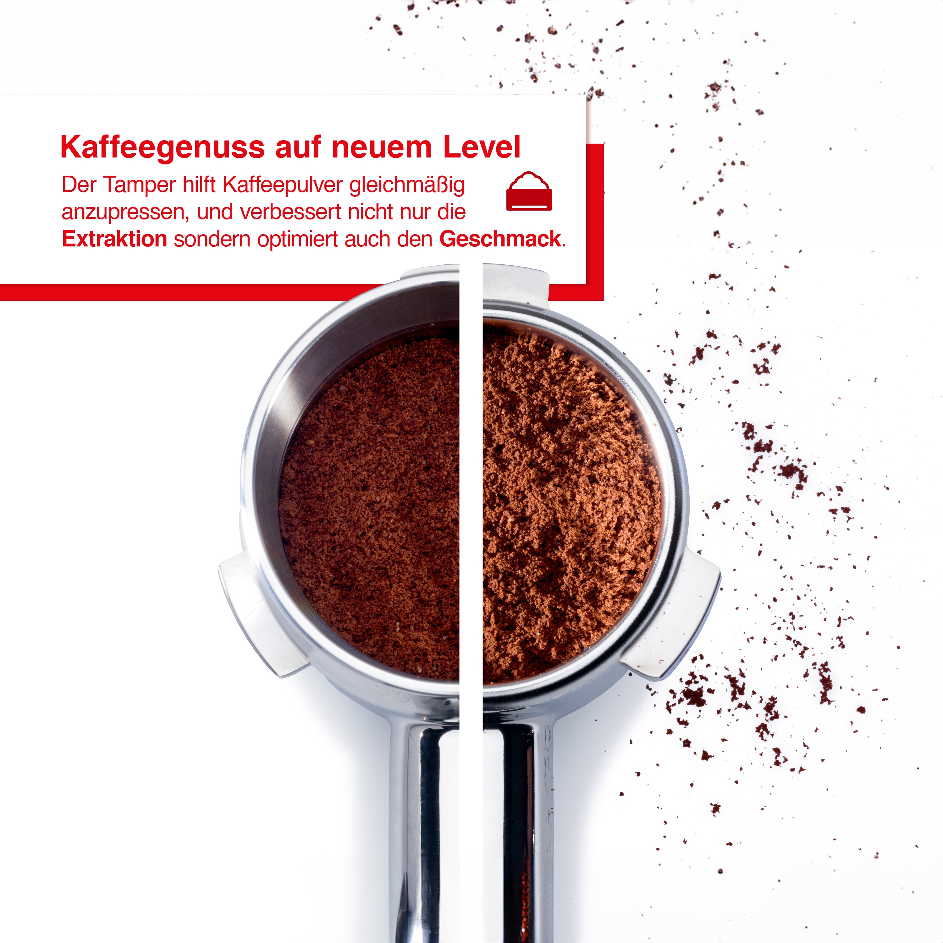 Ein Kaffeefilterhalter wird mit Kaffeepulver gezeigt. Das Bild ist mit Text über die Extraktion geteilt.