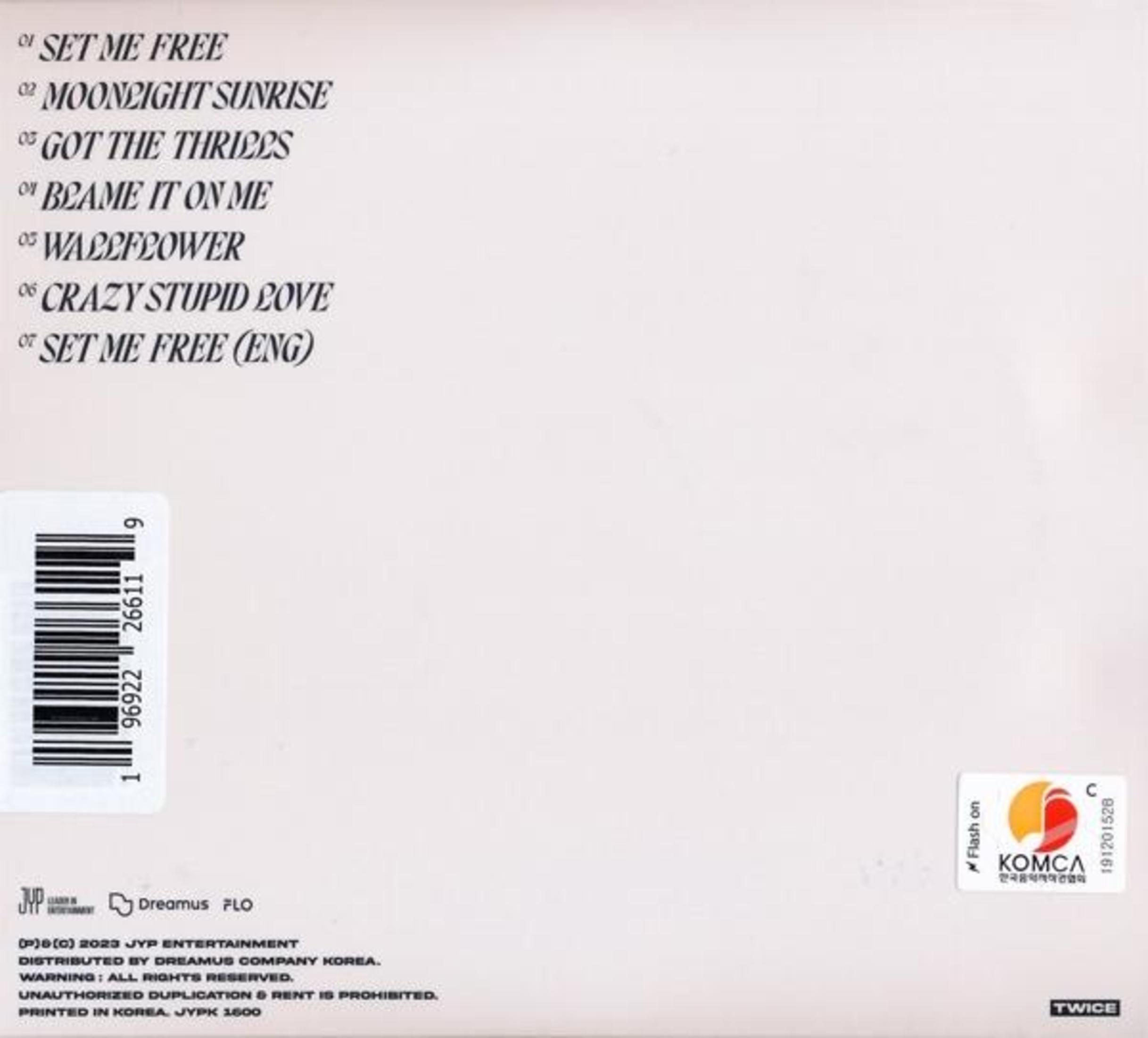 Achterkant van de albumhoes met een tracklist en een logo op een witte achtergrond.