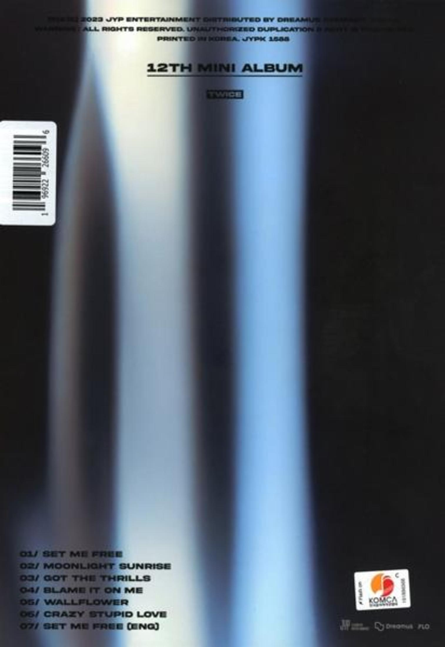 Album cover with text '12th Mini Album' and track list, with blurred blue and white background.