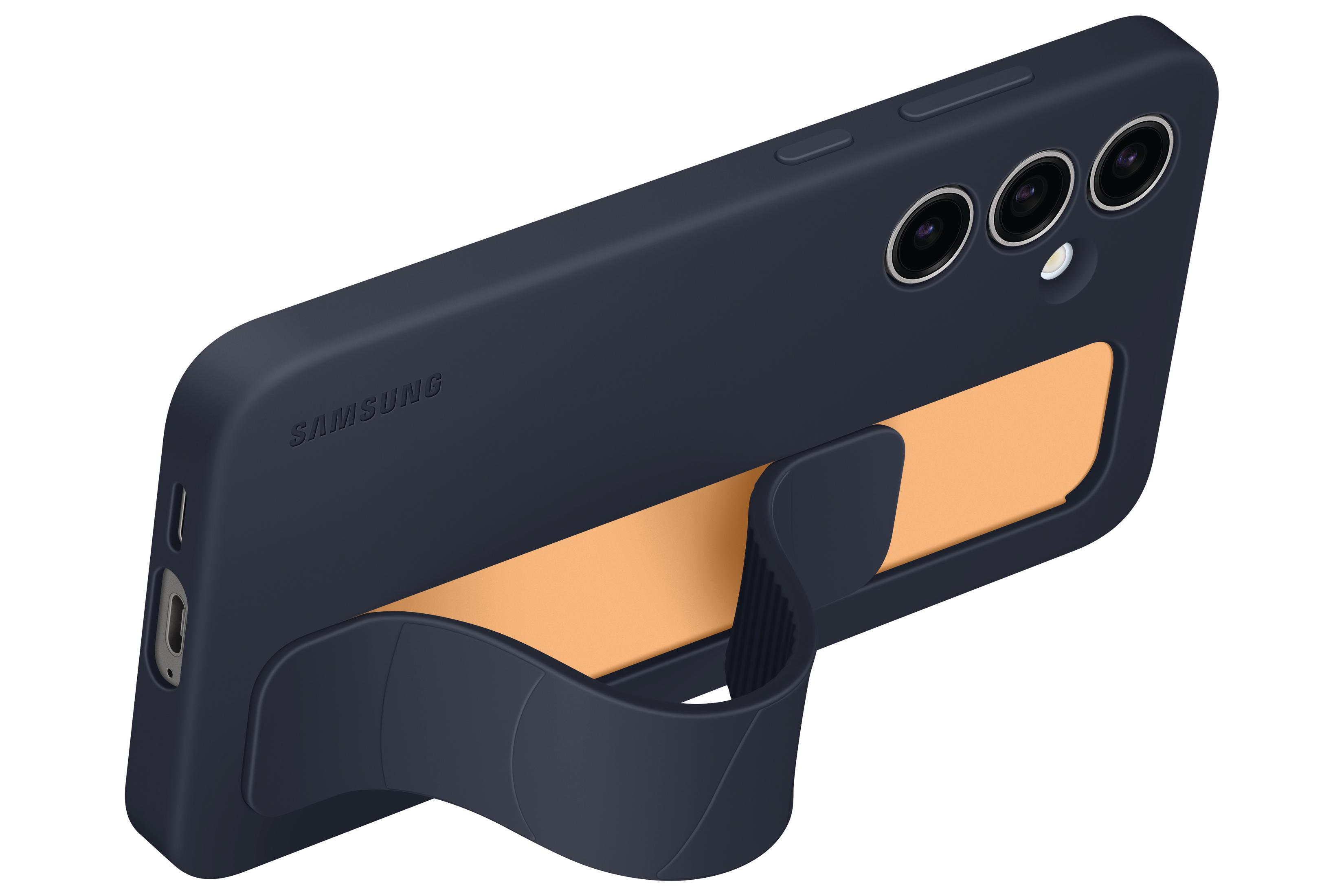 Una custodia per telefono blu navy con un cavalletto. È su uno sfondo bianco.