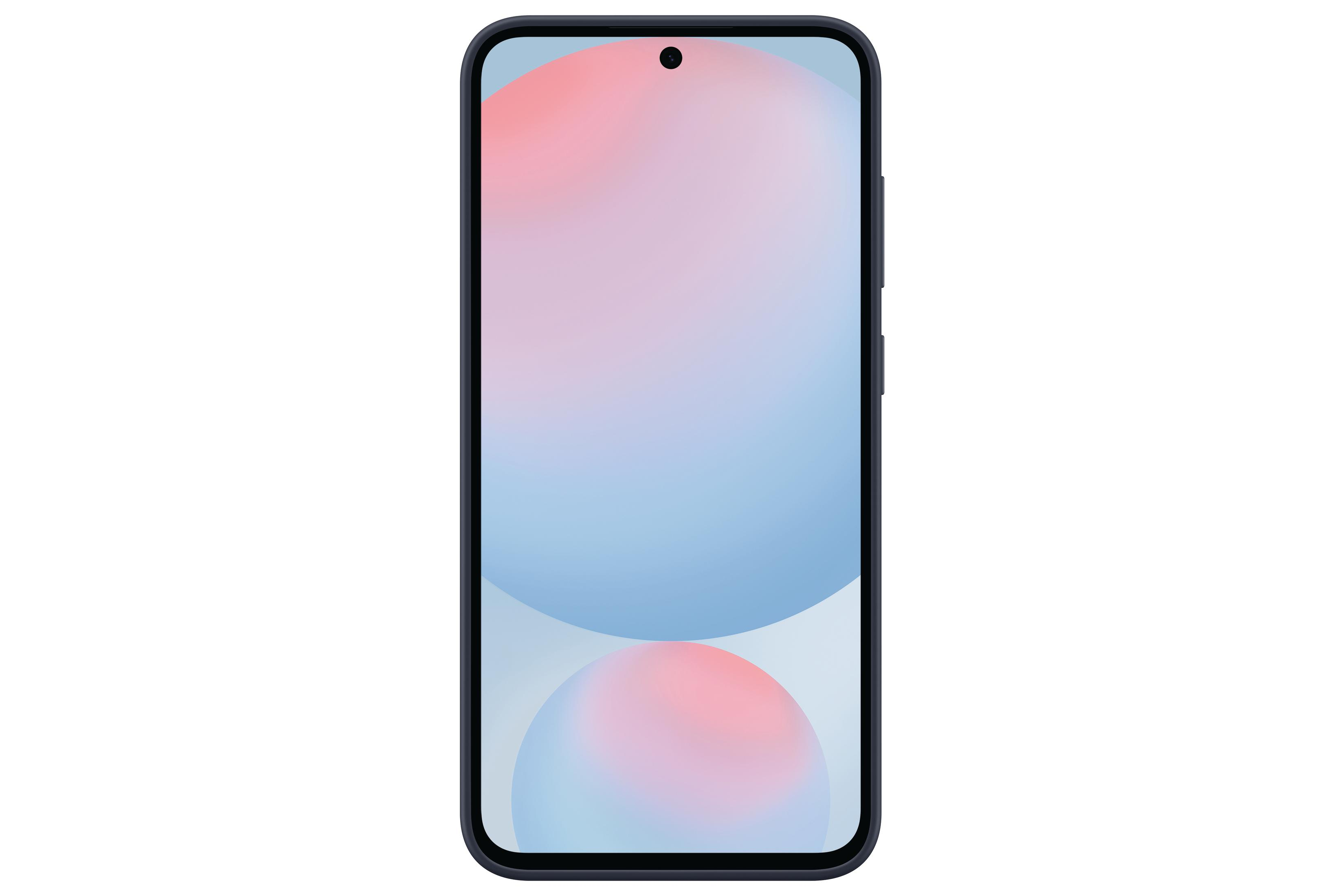 Smartphone nero con sfondo sfumato blu e rosa, sfondo bianco.