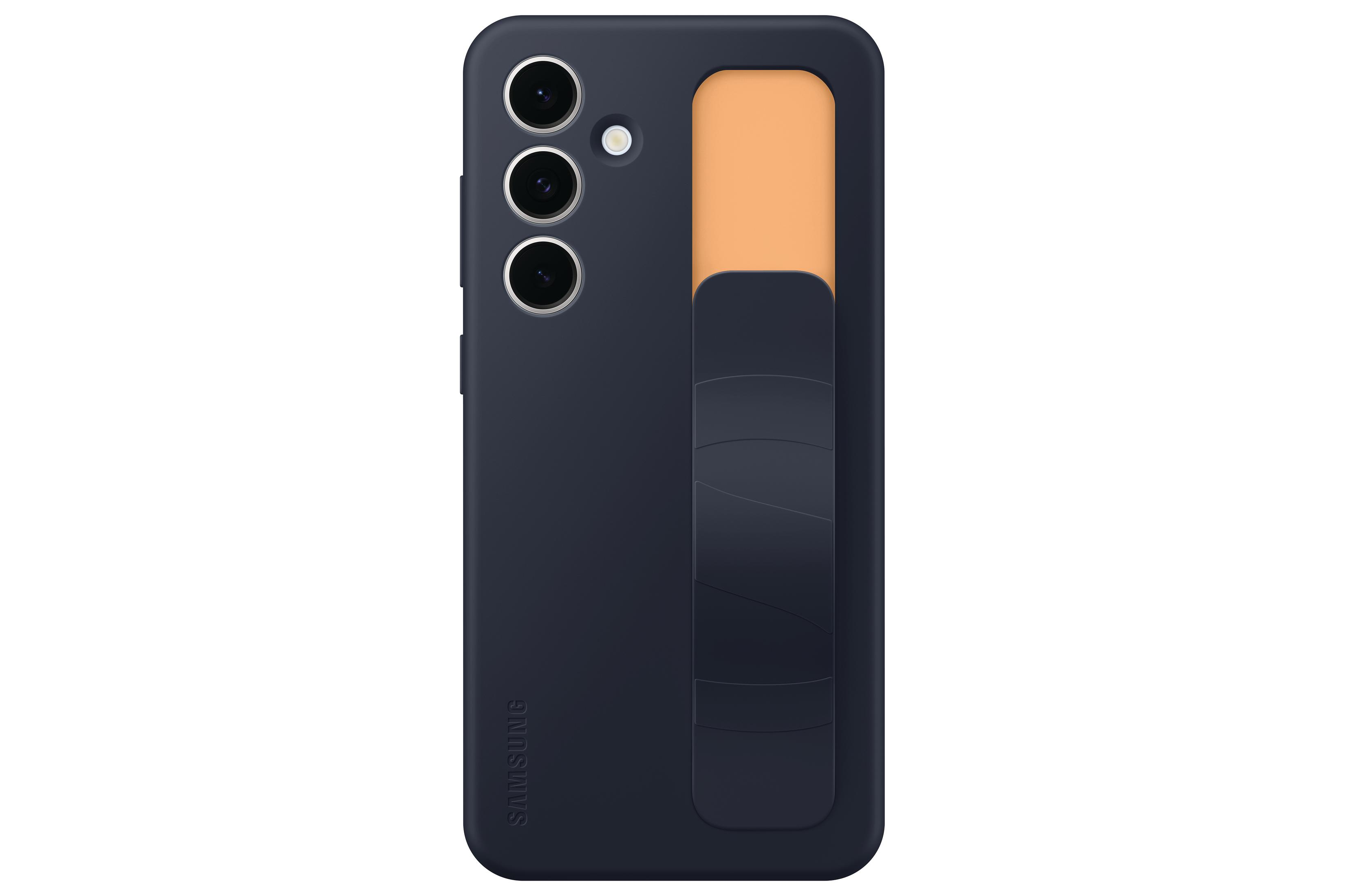Custodia blu navy con impugnatura nera sul retro, tre lenti della fotocamera.