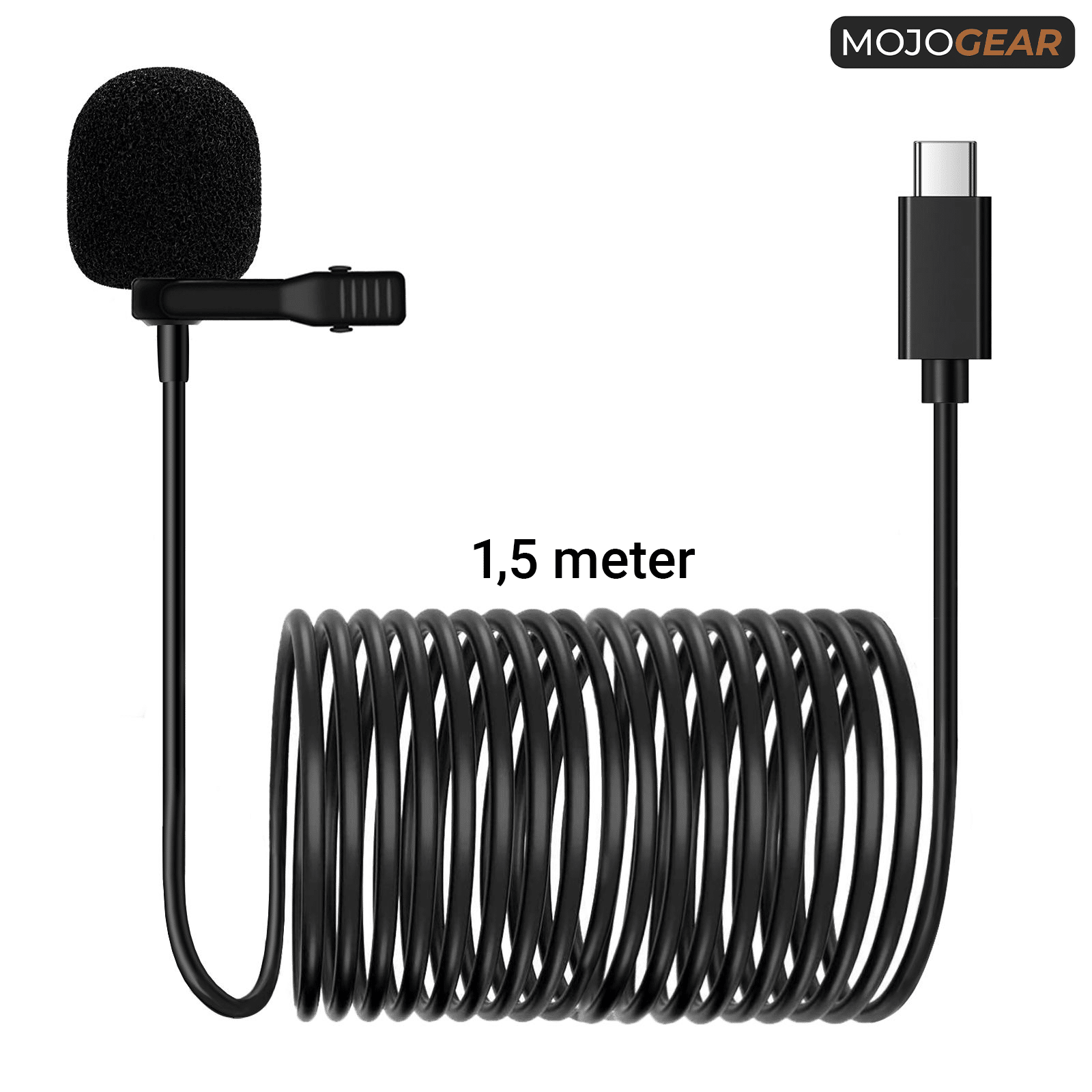 Een zwarte microfoon met een zwarte kabel bevestigd aan een USB-C-kabel. De kabel is opgerold met een label van 1,5 meter.
