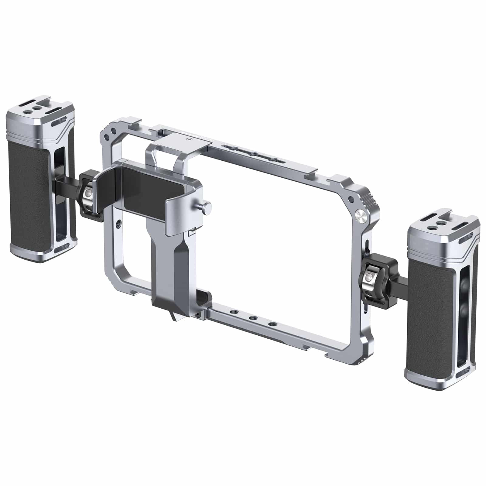 Een zilveren metalen frame voor een telefoon, met twee handvatten en een telefoonhouder. Het staat tegen een witte achtergrond.