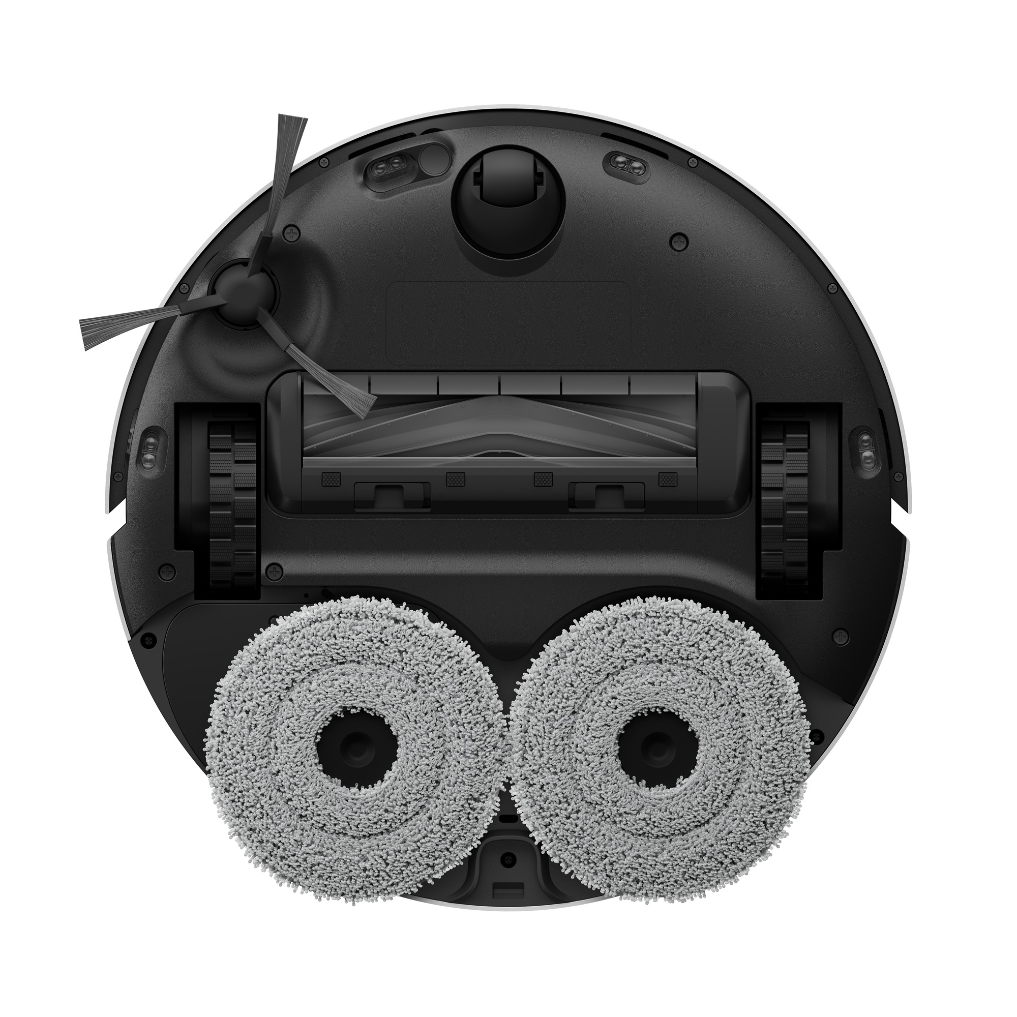Die Unterseite eines schwarz-weißen Roboter-Staubsaugers. Zwei graue Reinigungspads sind unten sichtbar.
