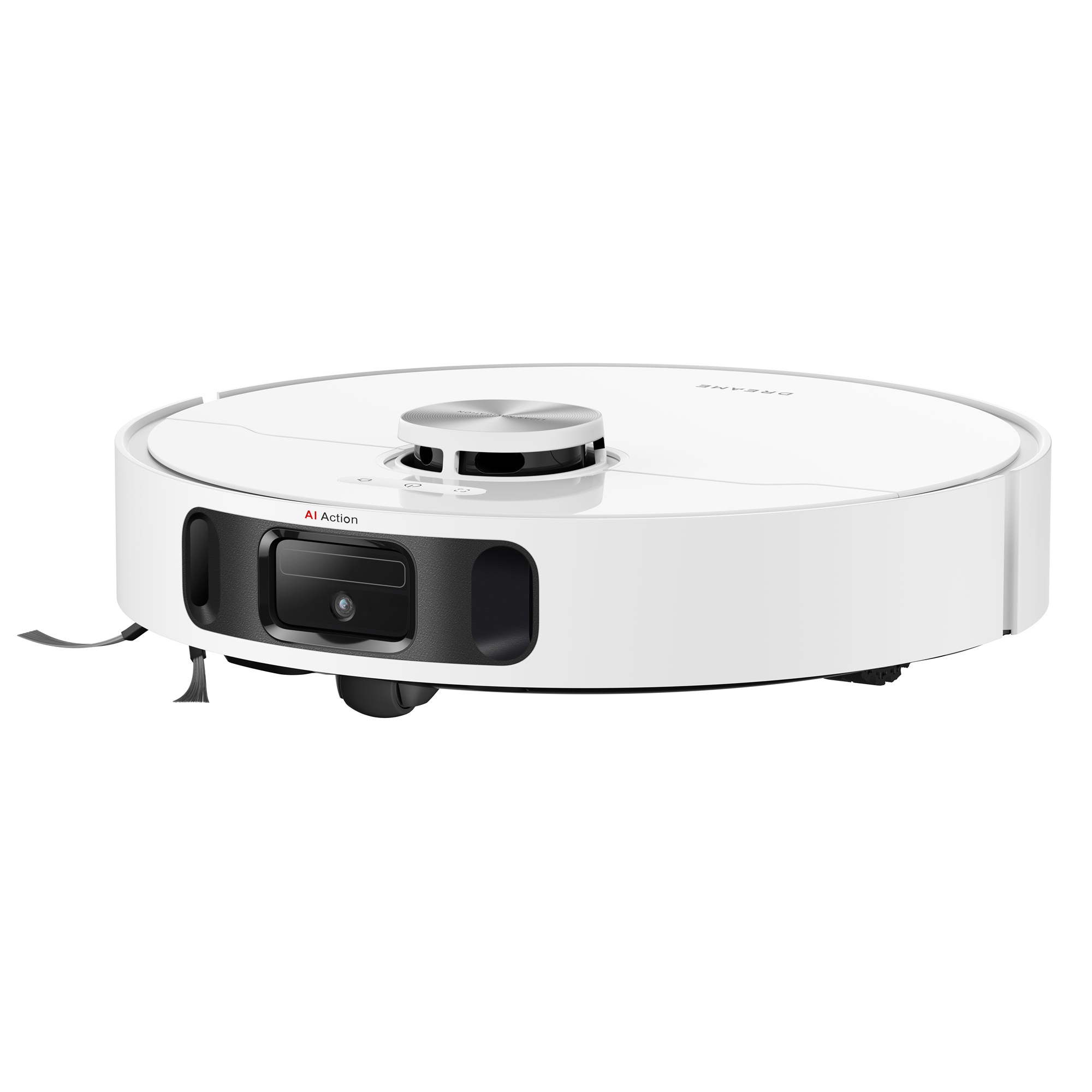 Ein weißer Roboter-Staubsauger mit schwarzen Akzenten und einer Kamera auf weißem Hintergrund.