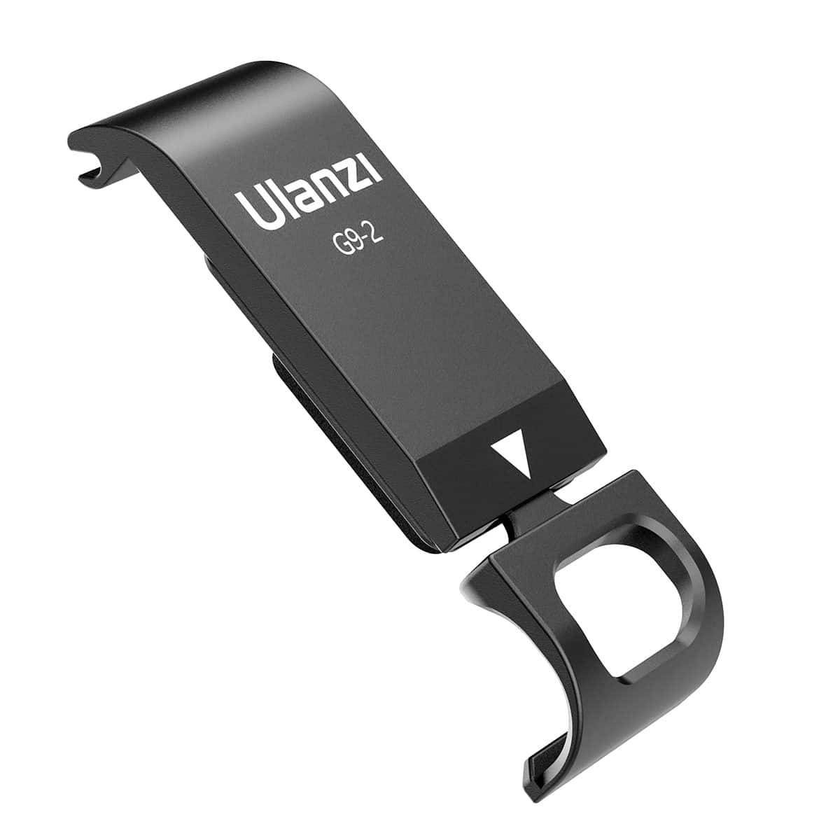Een zwarte Ulanzi G9-2 clip met een witte pijl. Het is schuin, met een gebogen bevestiging.