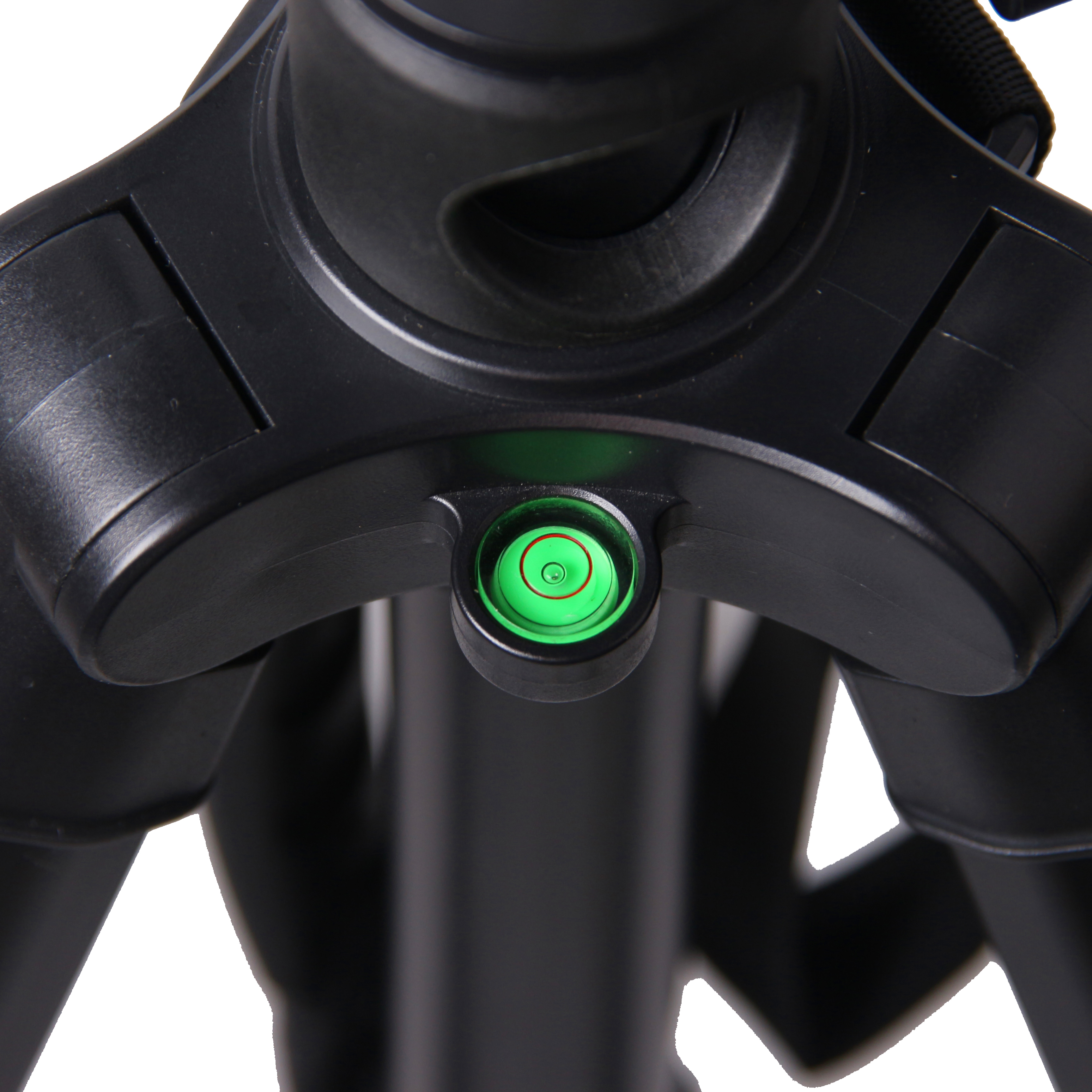 Tripod base, black, with a level. Green bubble in a circle.