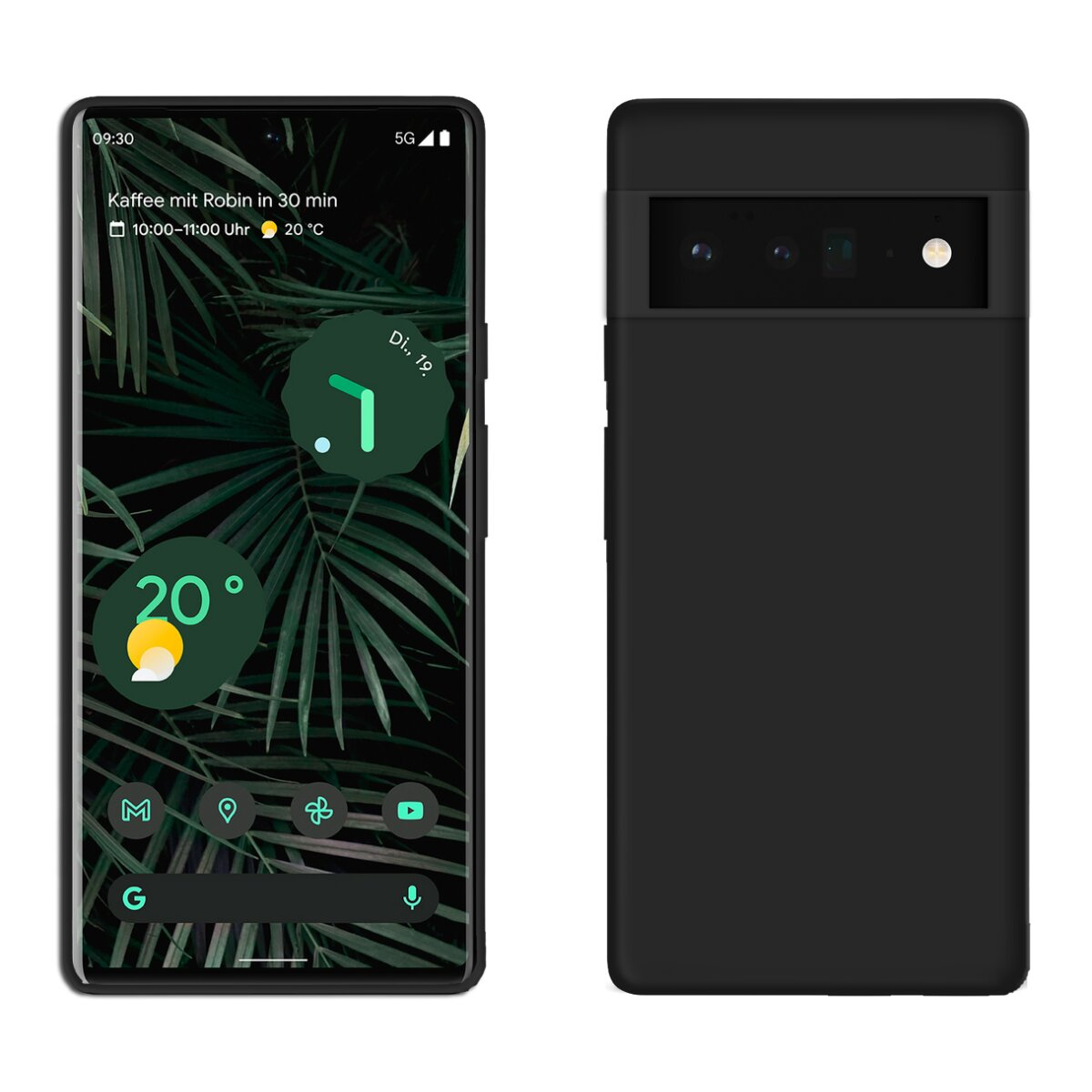 Smartphone nero con due schermi. A sinistra mostra un'app meteo, a destra il retro.