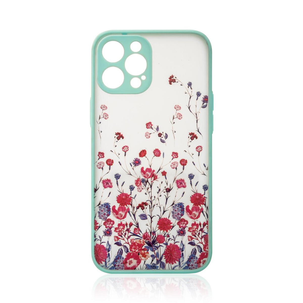 Transparente Handyhülle mit Blumendesign und mintgrünem Rand. Die Blumen sind rot, rosa und lila auf weißem Hintergrund.