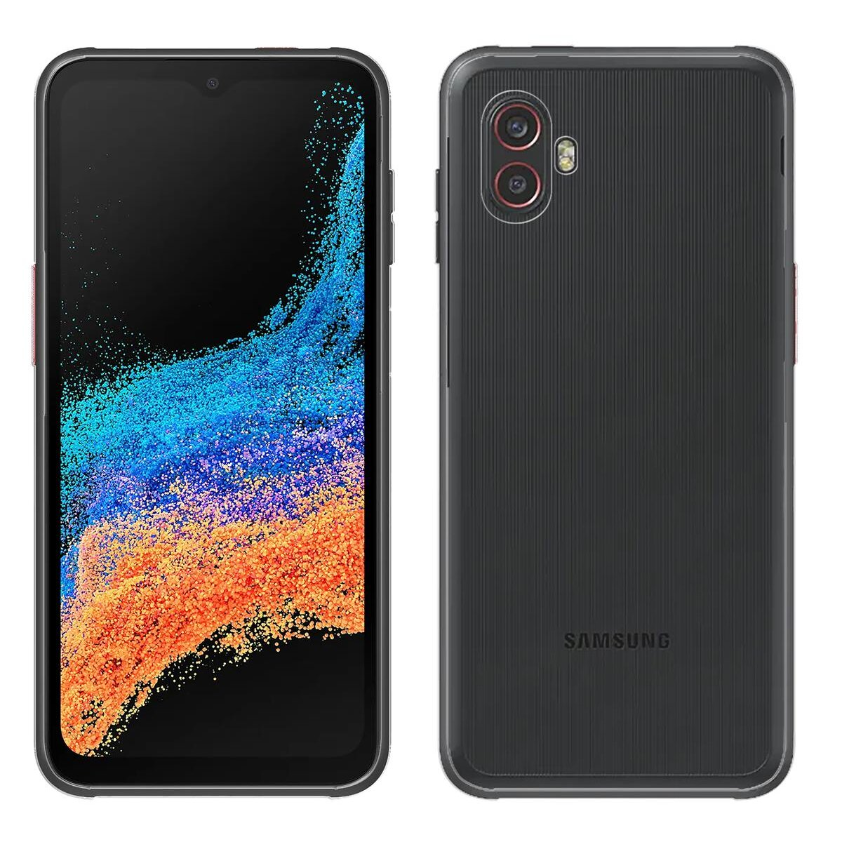 Smartphone nero, vista anteriore e posteriore. Il frontale mostra un display con un design colorato. Il retro mostra la fotocamera e il logo SAMSUNG.