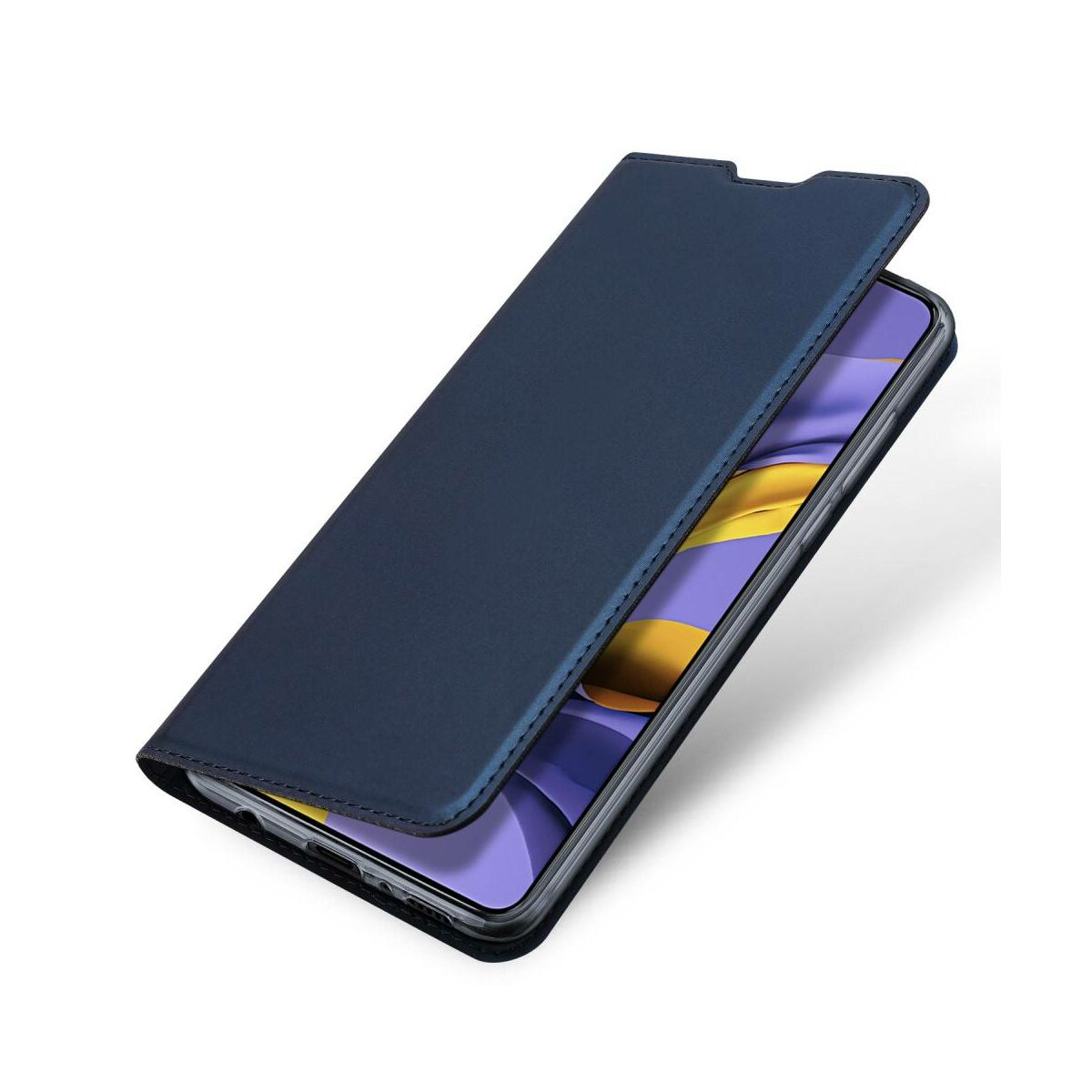 Una custodia blu per telefono, aperta, che rivela un telefono con schermo viola.
