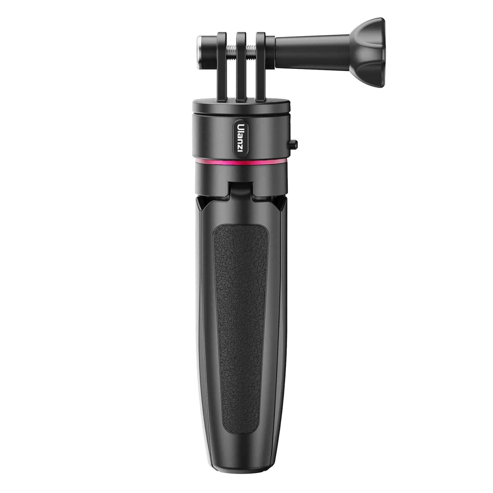 Czarny statyw Ulanzi. Ma uchwyt, mocowanie kamery i czerwoną linię akcentu.