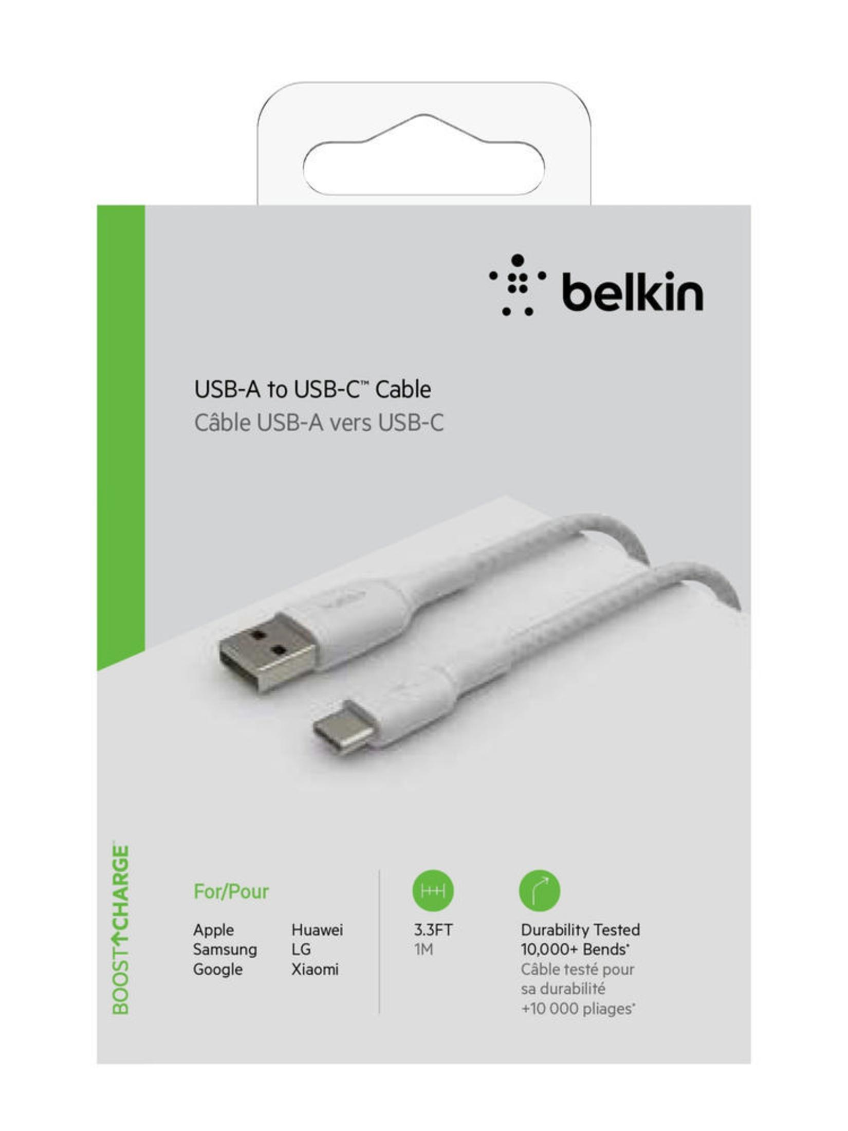 Witte Belkin USB-A naar USB-C kabelverpakking. Bevat kabelafbeelding en tekst: Boost+Charge.