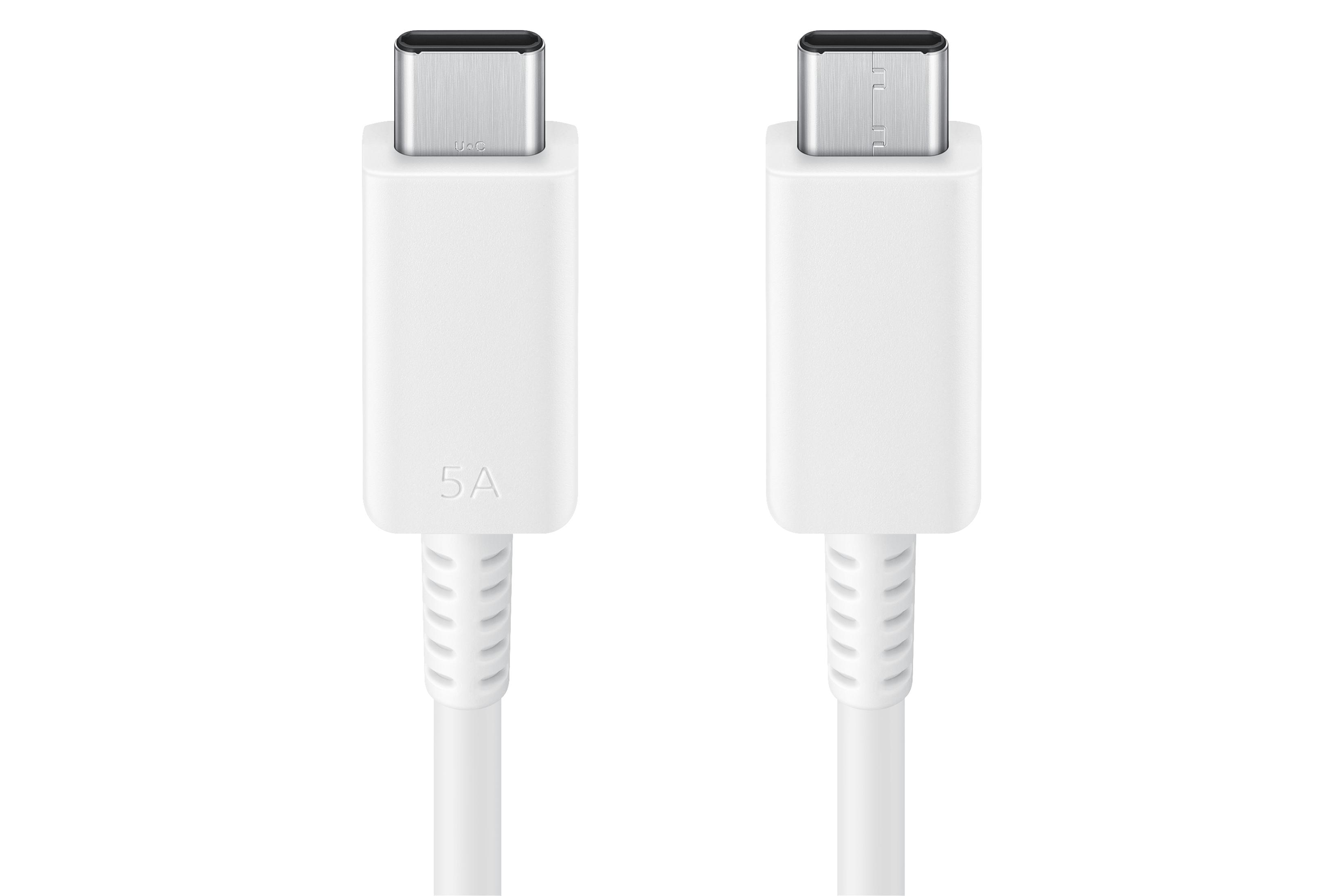 Dwa białe kable USB-C z etykietą 5A z boku.