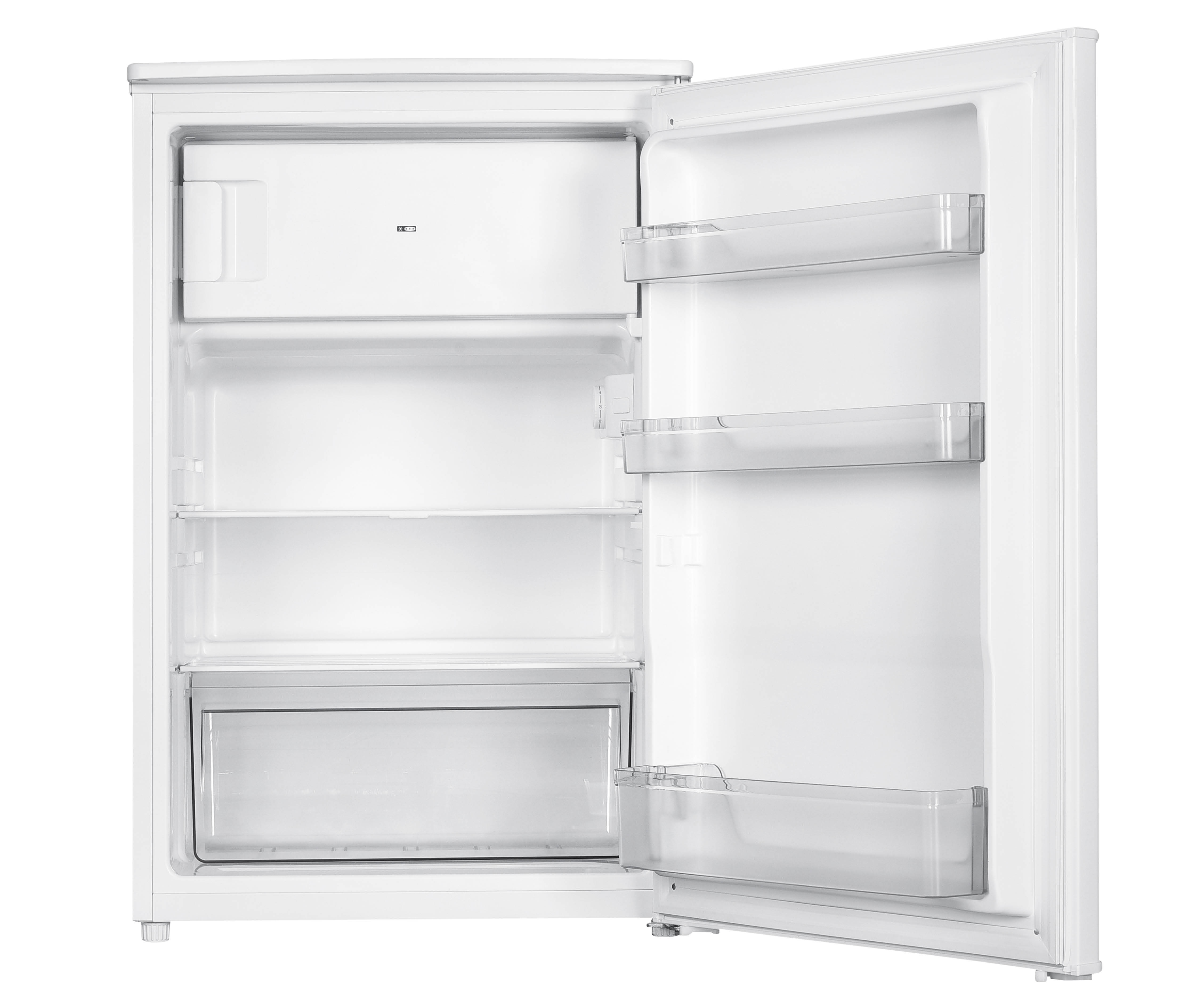 An empty white refrigerator with the door open, showing shelves and interior.