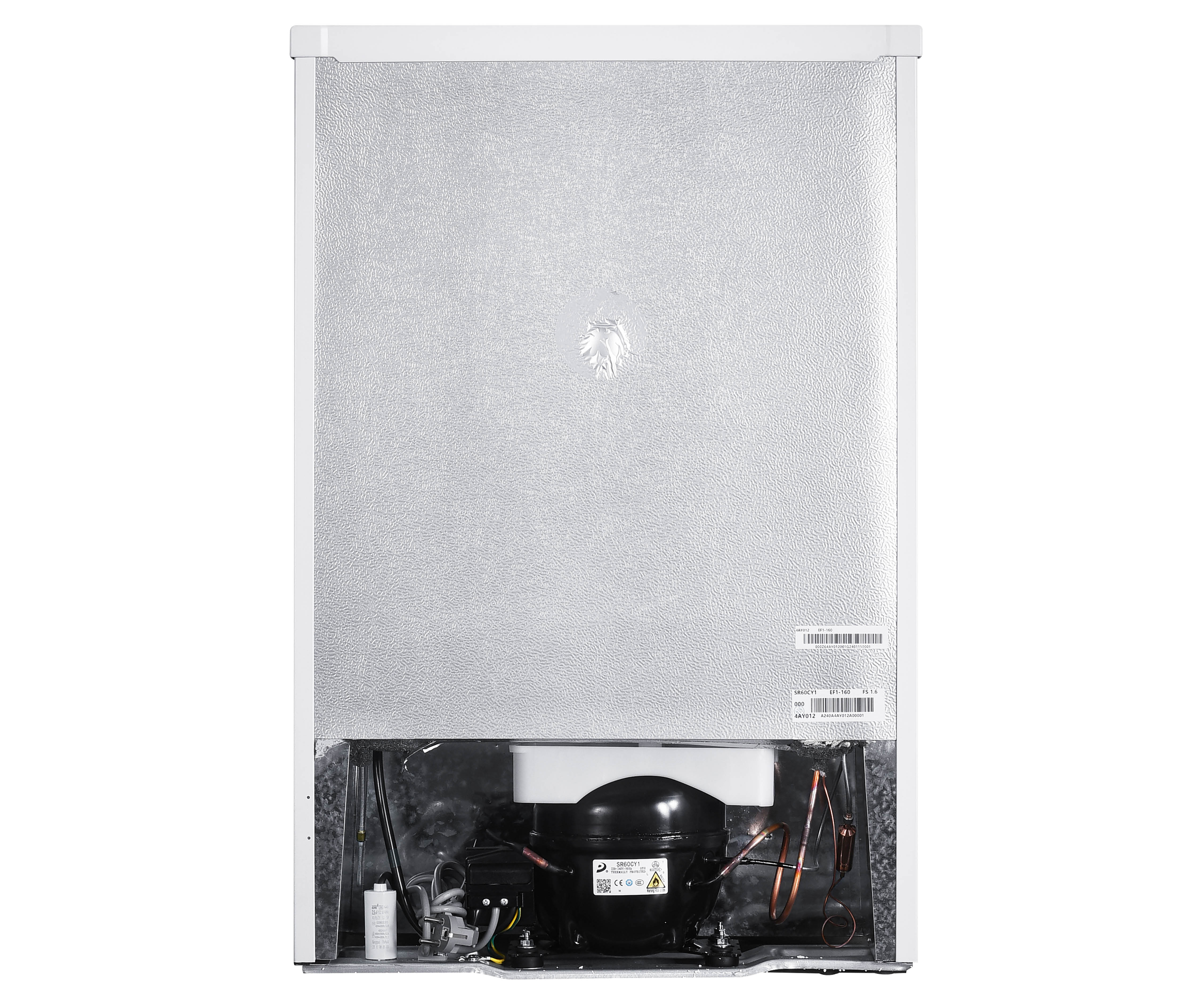 Back of a white refrigerator, showing its components and various labels.