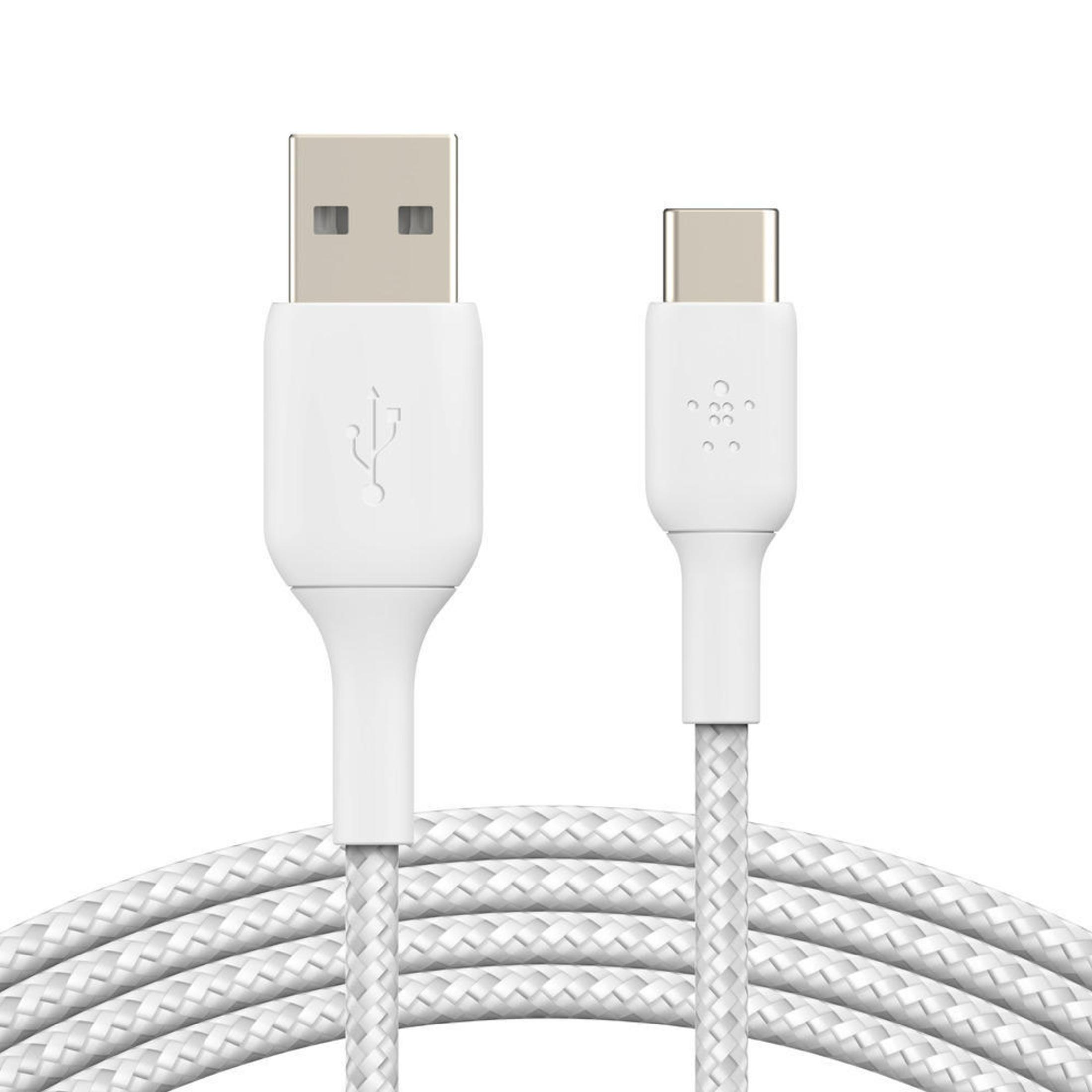 Een witte gevlochten USB naar USB-C kabel, met connectoren aan elk uiteinde, tegen witte achtergrond.