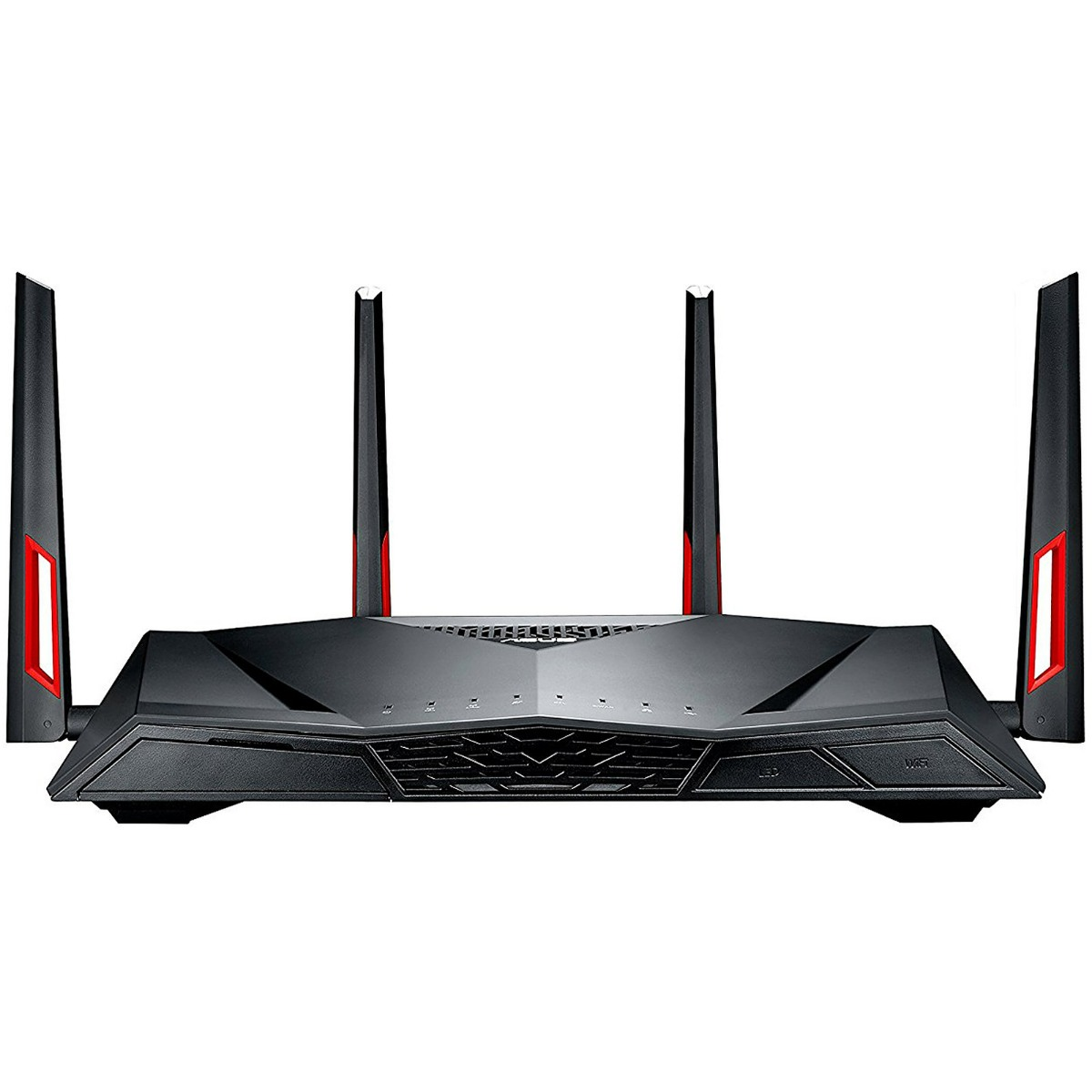 Router negro con cuatro antenas, con detalles rojos sobre fondo blanco.