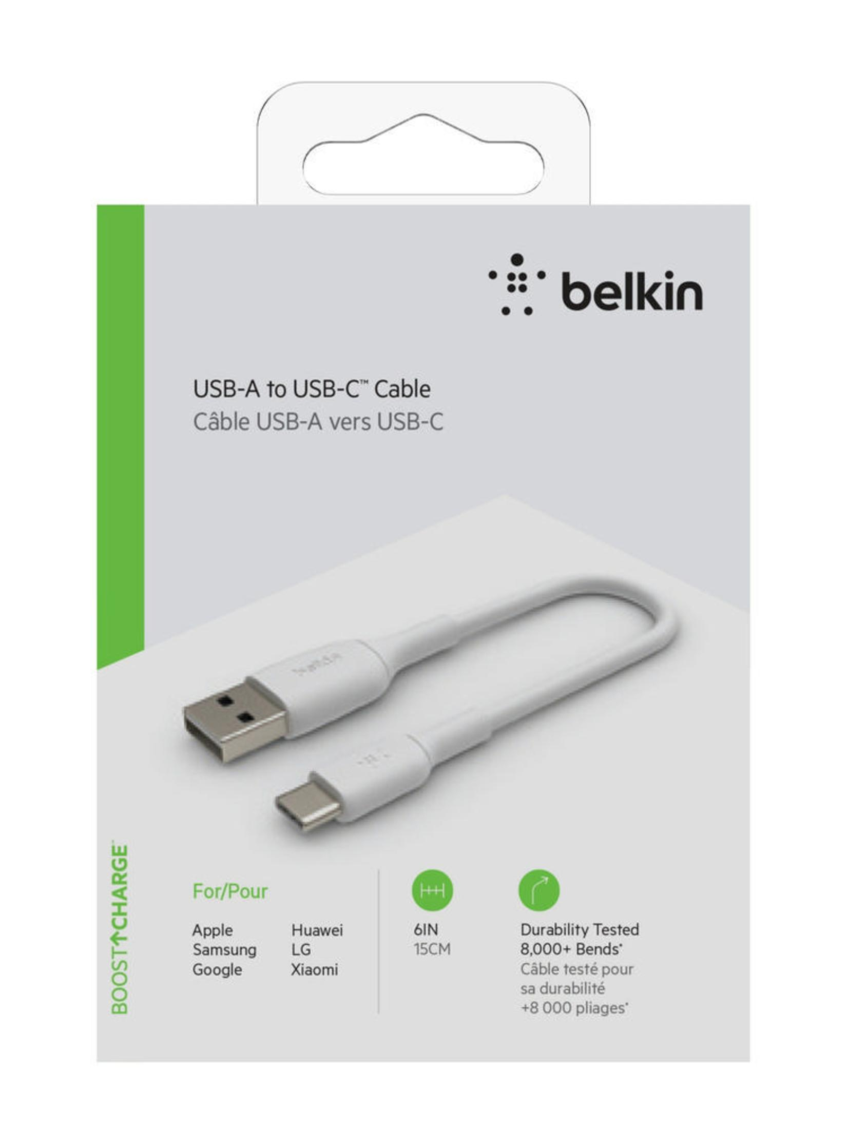 Witte USB-A naar USB-C kabel op een doos. Tekst op de doos: Belkin, USB-A naar USB-C kabel.