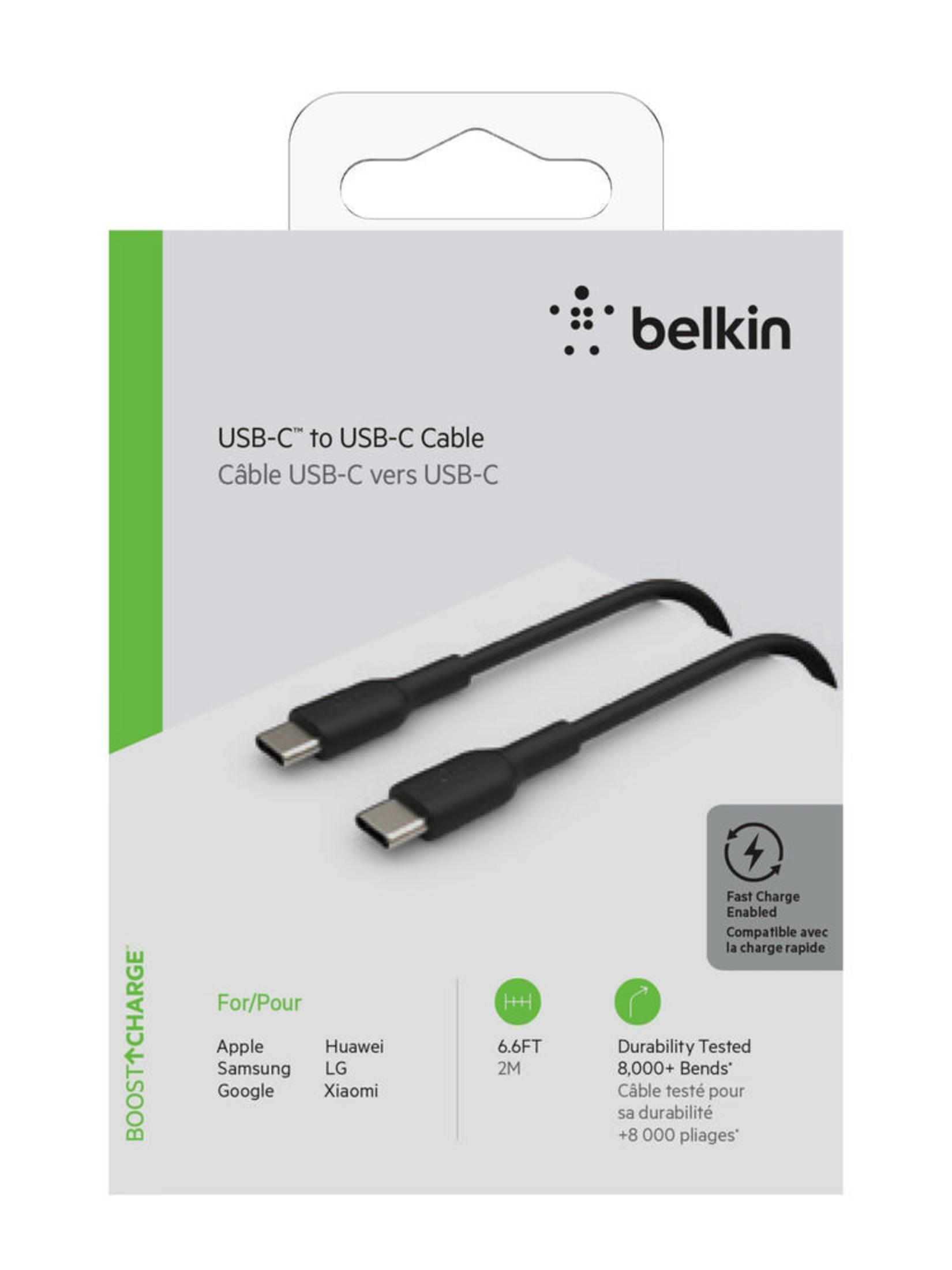 Belkin USB-C-zu-USB-C-Kabelverpackung. Schwarze Kabel, weiße Box.