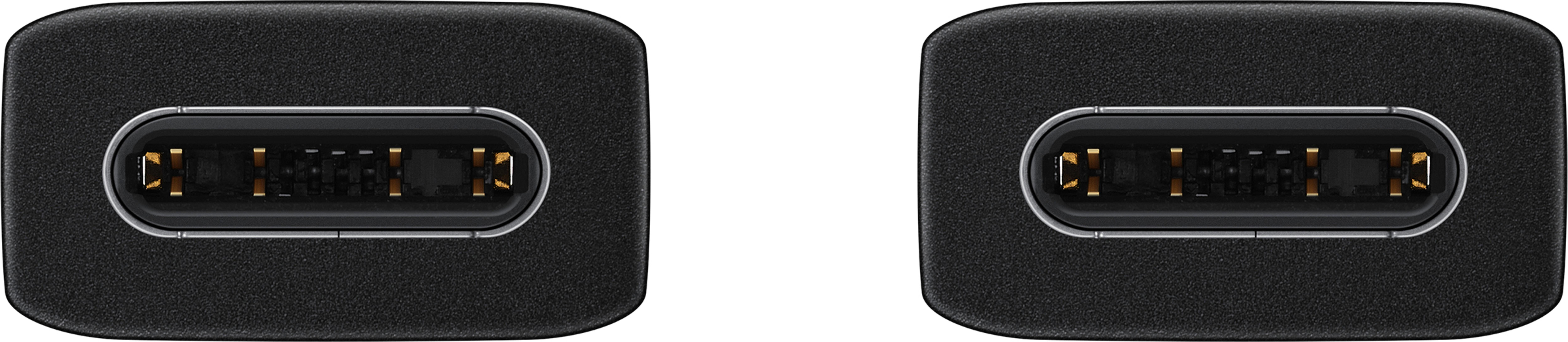 Two black USB-C connectors, close-up. Gold pins visible inside.
