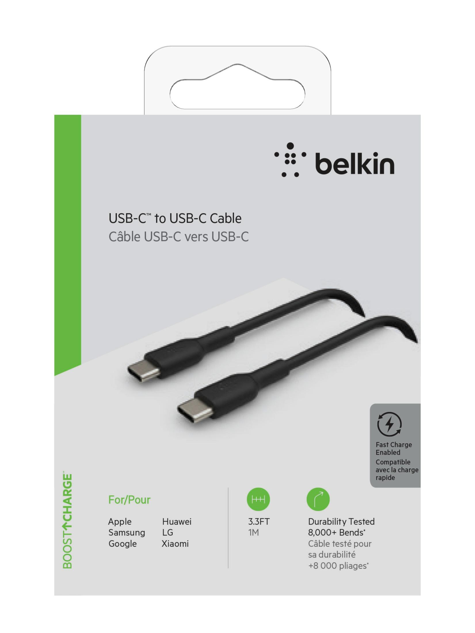 USB-C-zu-USB-C-Kabel in Verpackung. Das Kabel ist schwarz. Text auf der Verpackung.