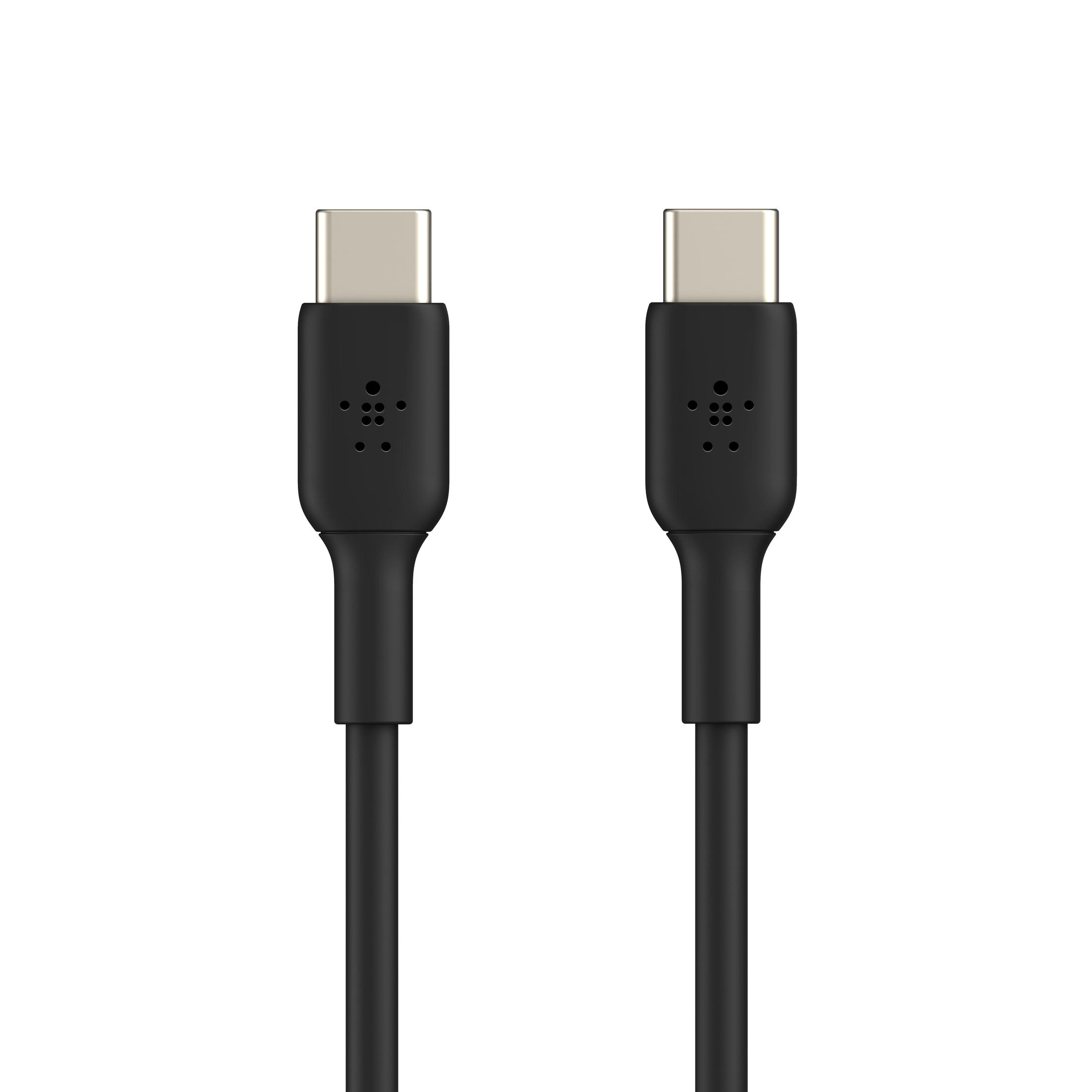 Zwei schwarze USB-C-Kabel nebeneinander auf weißem Hintergrund. Das Belkin-Logo ist auf den Steckern.