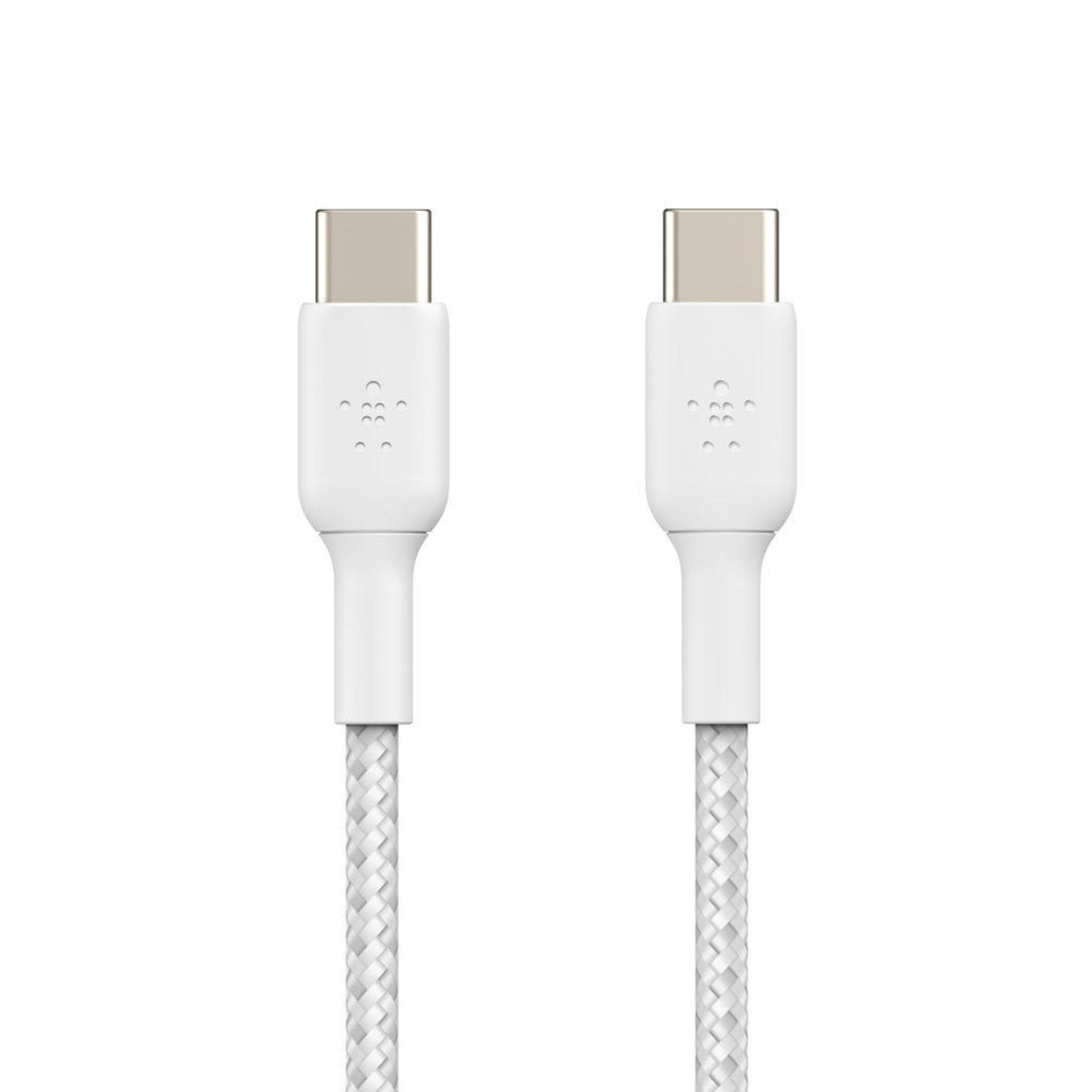Weißes USB-C-Kabel mit USB-C-Anschlüssen an beiden Enden.