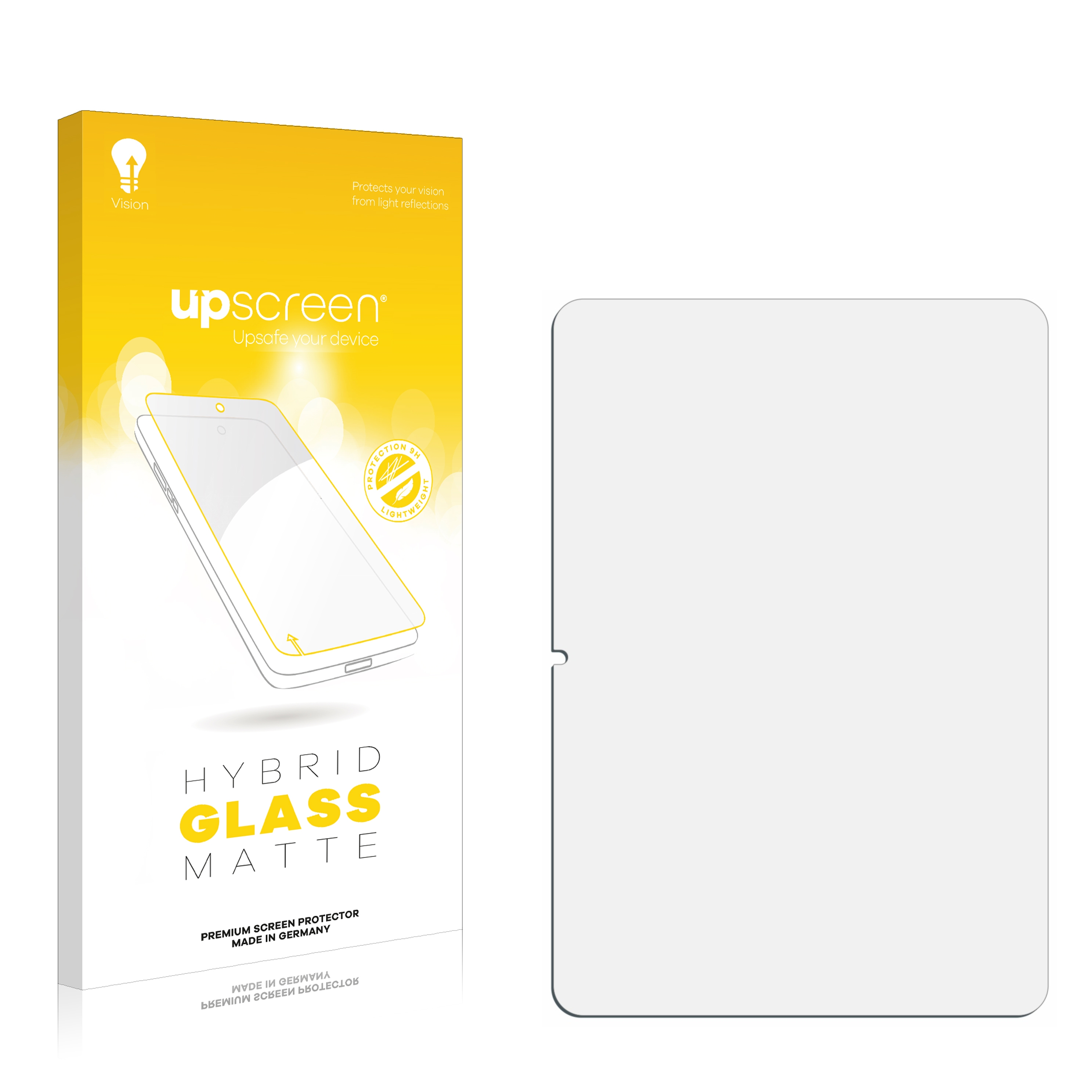 Box und Displayschutzfolie. Weiße Box mit gelben Akzenten. Klarer Displayschutz.