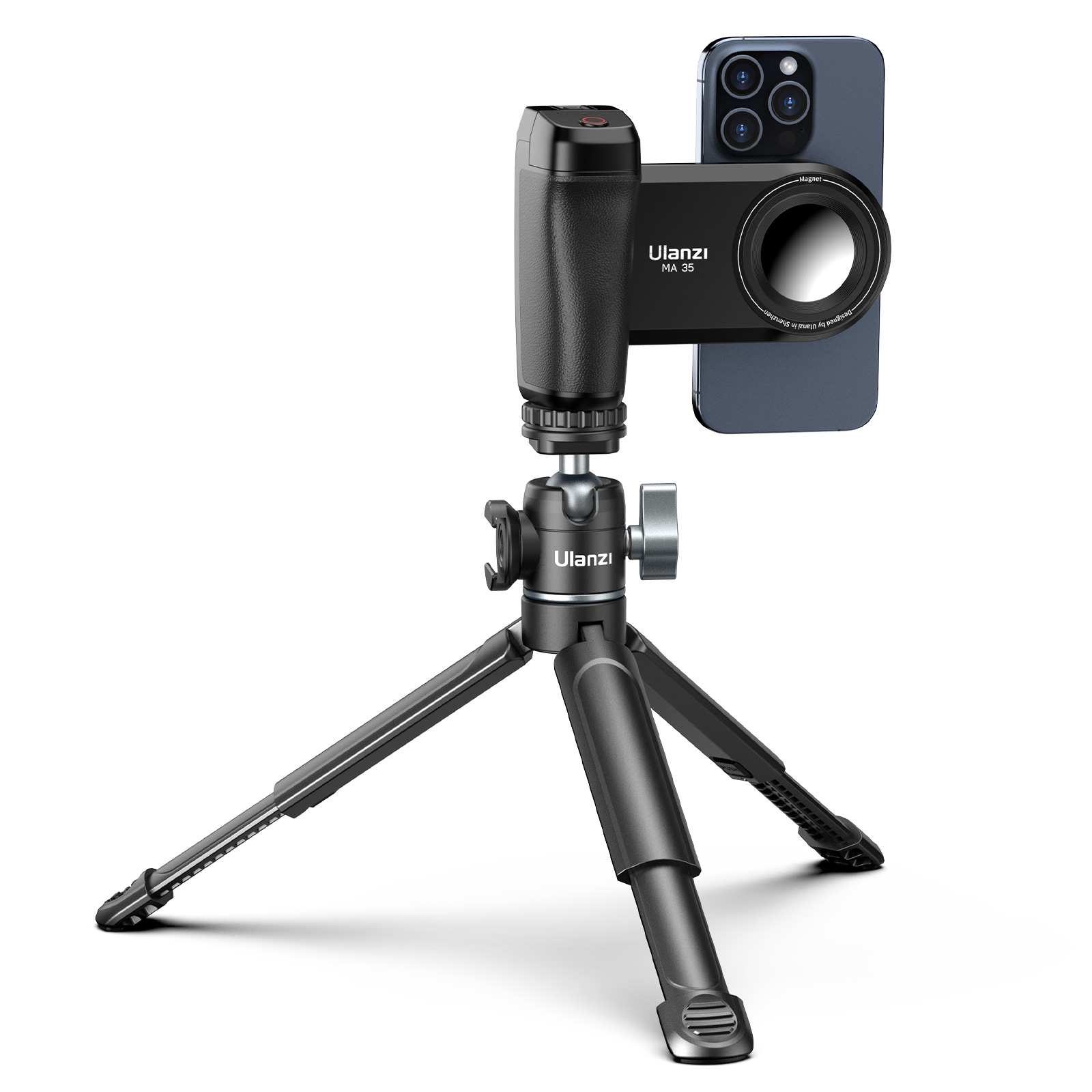 Smartfon przymocowany do statywu z obiektywem. Białe tło.